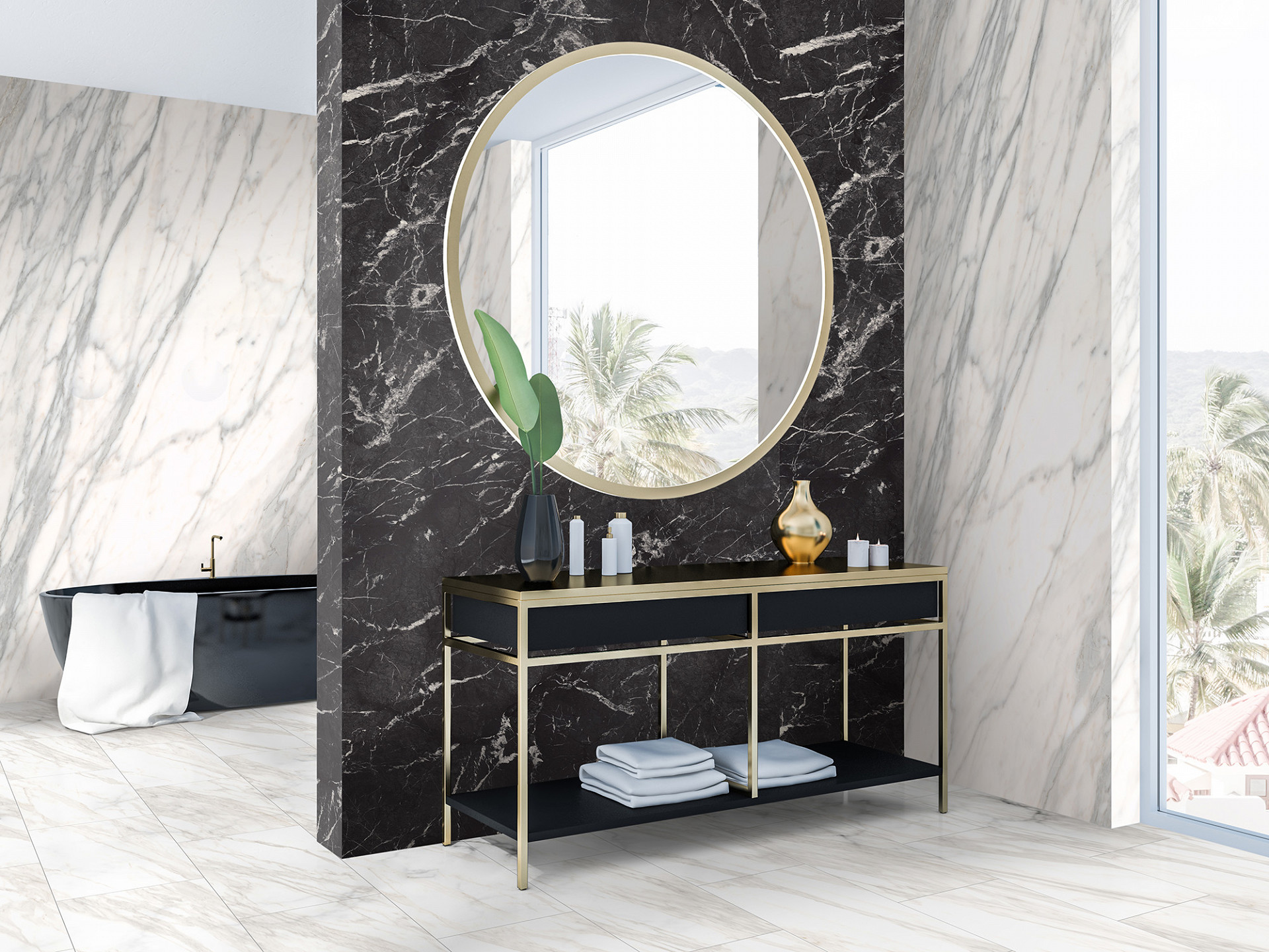 Venato Nature R102 PT with Marquina R106 – dramatic marble panel combination in bathroom with black tub