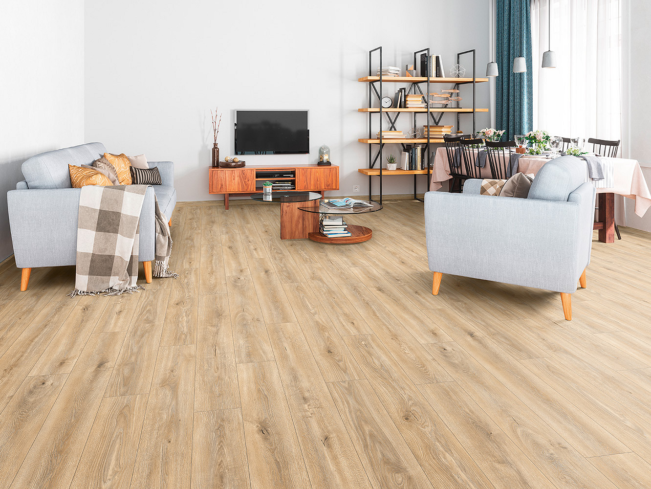 K469 Tortilla Cashmere Oak flooring in a modern living room – warm beige tones creating a cozy and elegant atmosphere