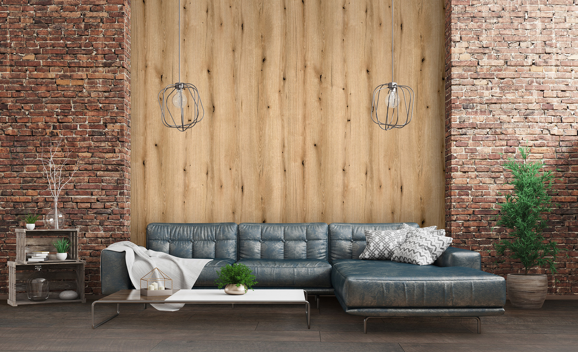 Accent wall with Coast Evoke Oak from Rocko Tiles collection behind black sofa – warm wood contrast with brick interior