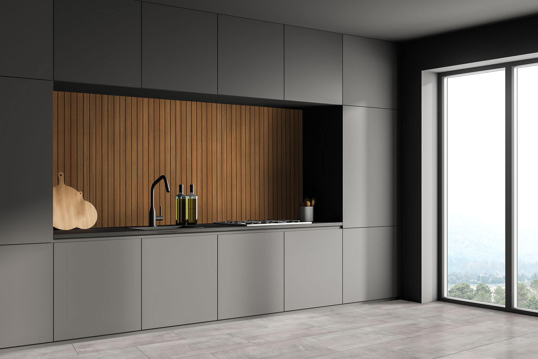 Yacht Wood panel Rocko Tiles collection used as backsplash in dark kitchen – accent wall behind sink and hob