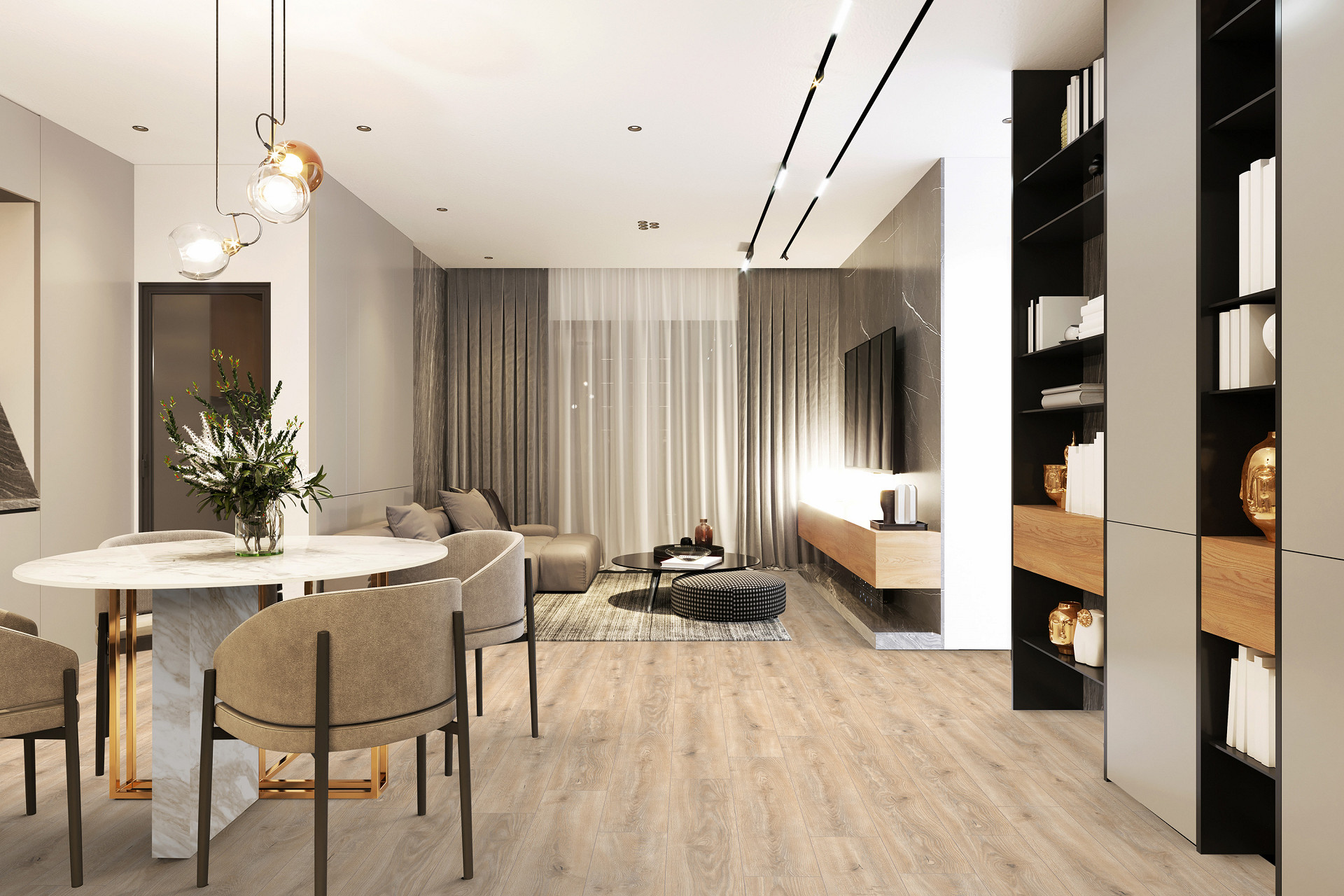 Modern interior with K469 Tortilla Cashmere Oak laminate – soft, moisture-resistant flooring for living room and kitchen