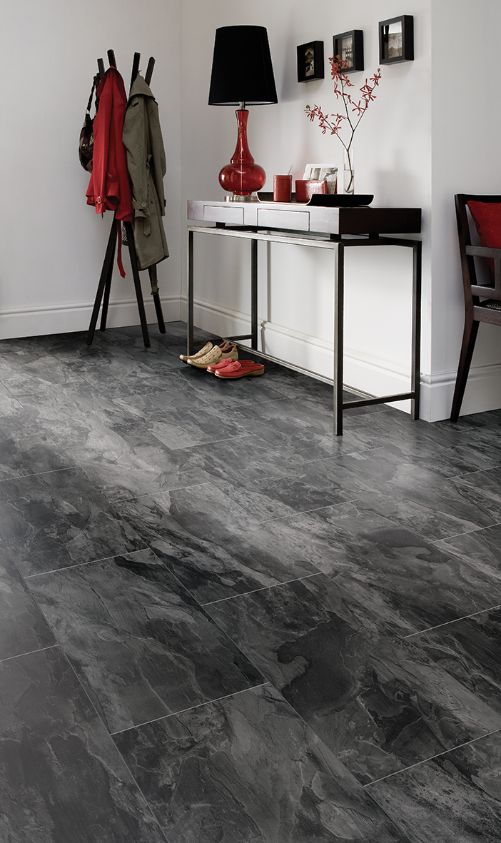 Modern entryway with Nightfall Slate laminate – stylish dark stone-look floor perfect for everyday wear