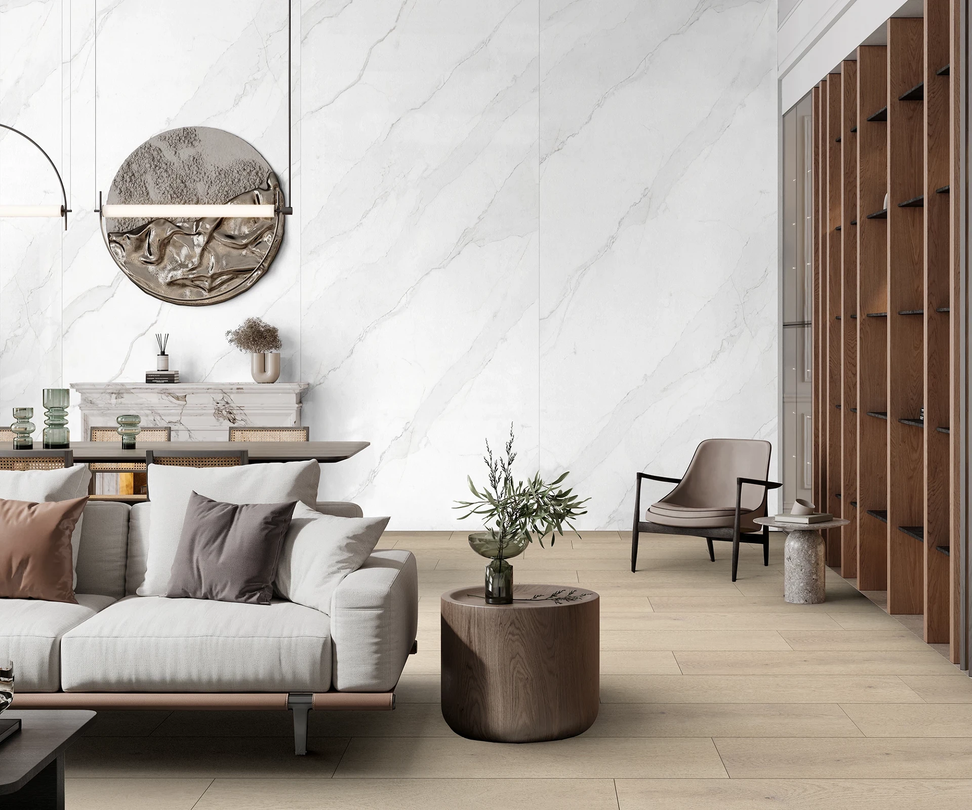 Calacatta Olympus K551 wall panel from Rocko Tiles – used in living room with soft, minimal decor