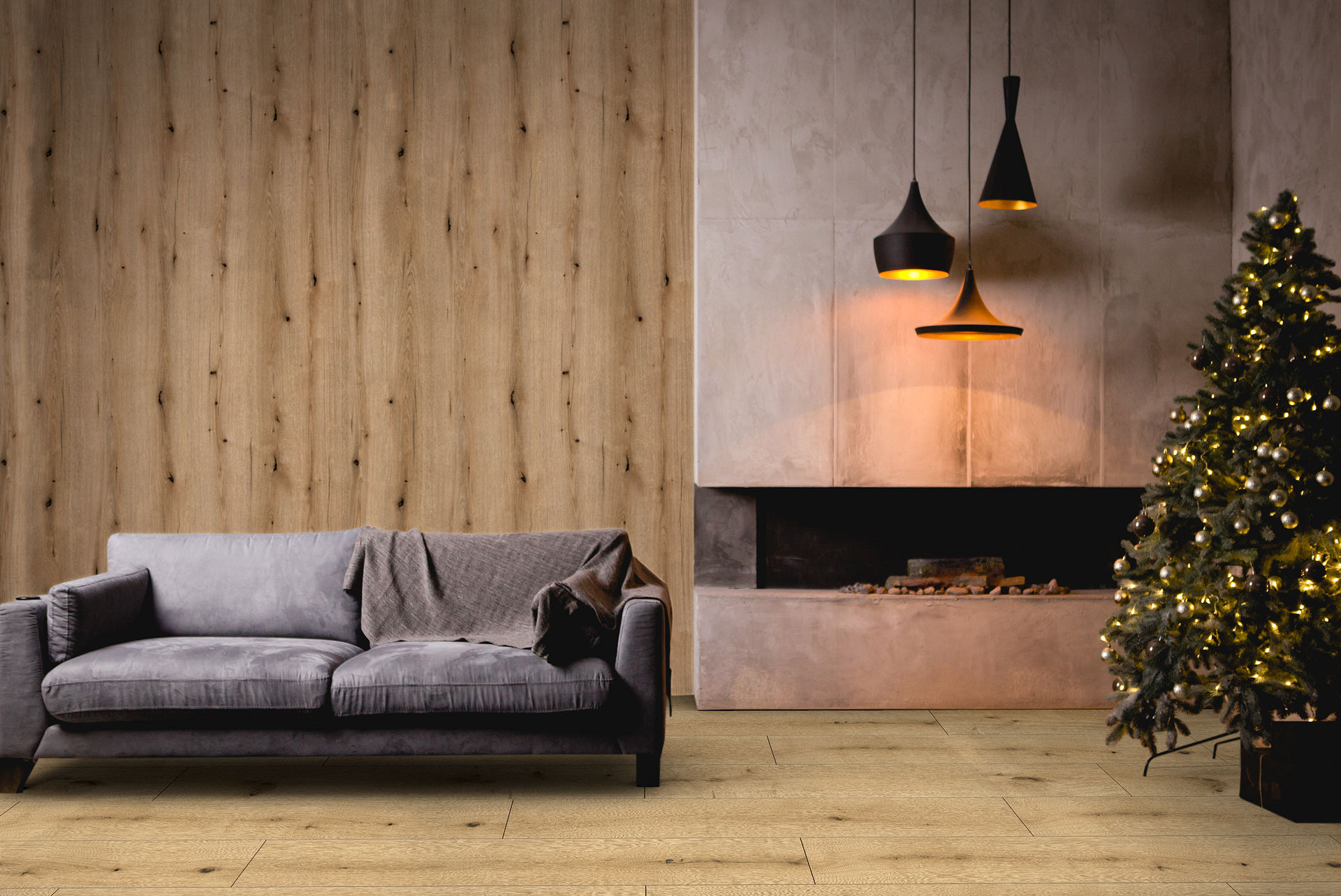 Coast Evoke Oak wall panel from Rocko Tiles collection creating warm, festive interior with gray sofa, fireplace, and Christmas decor