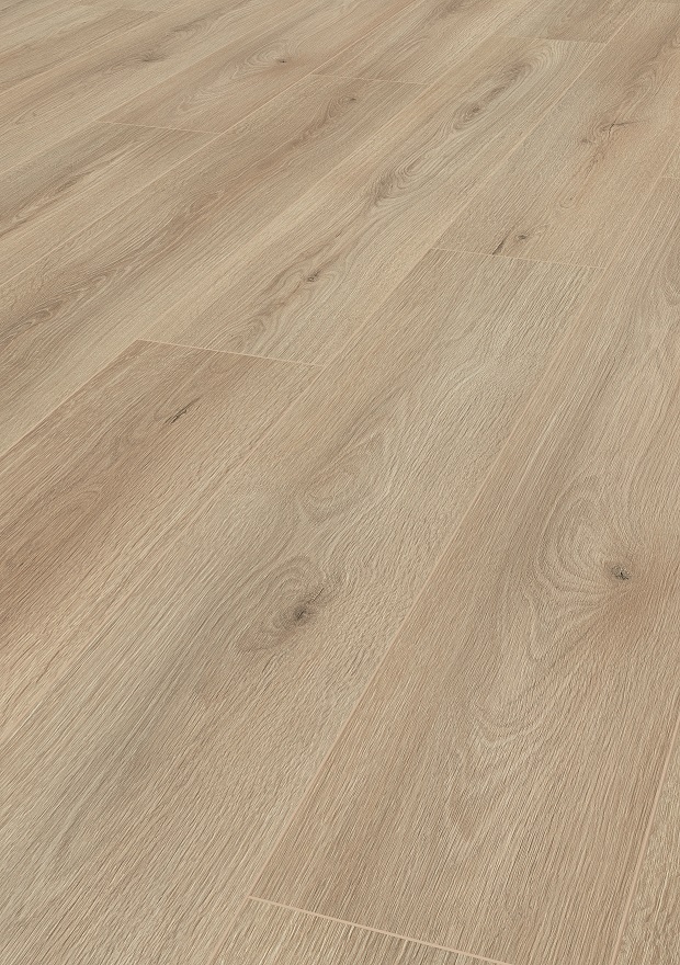 Angled view of Ecru Cantal Oak laminate – light oak finish with realistic grain 