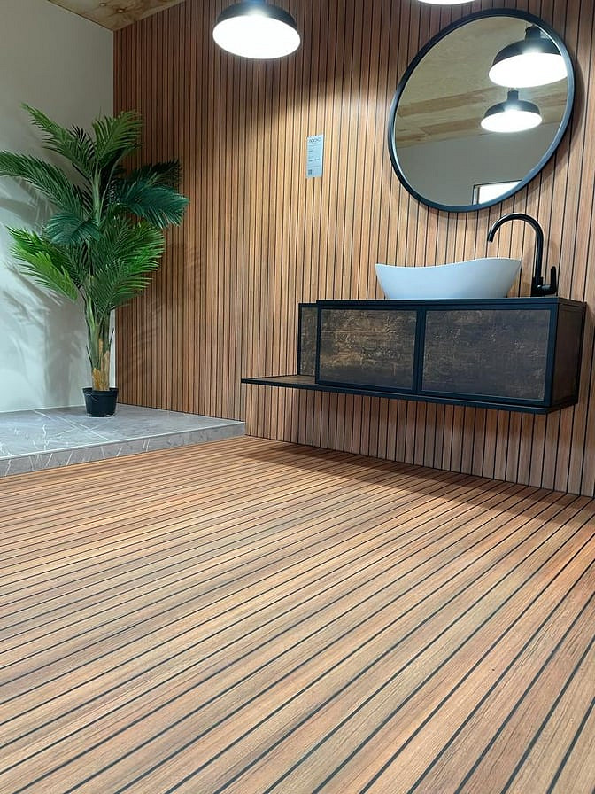 R122 Yacht Wood Rocko Tiles collection in bathroom – combined with white walls, used on both floor and accent wall