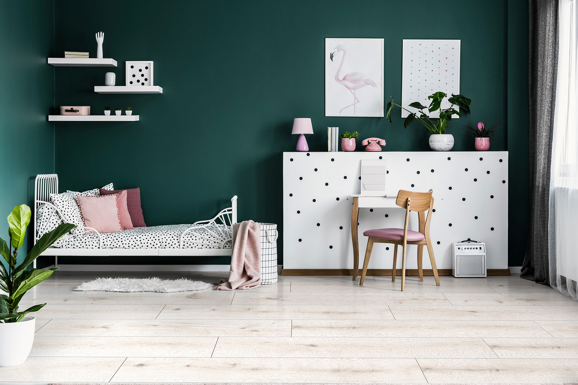 Cozy bedroom with Rocko Wide SPC flooring White Poppy R129, olive green walls, and white accents
