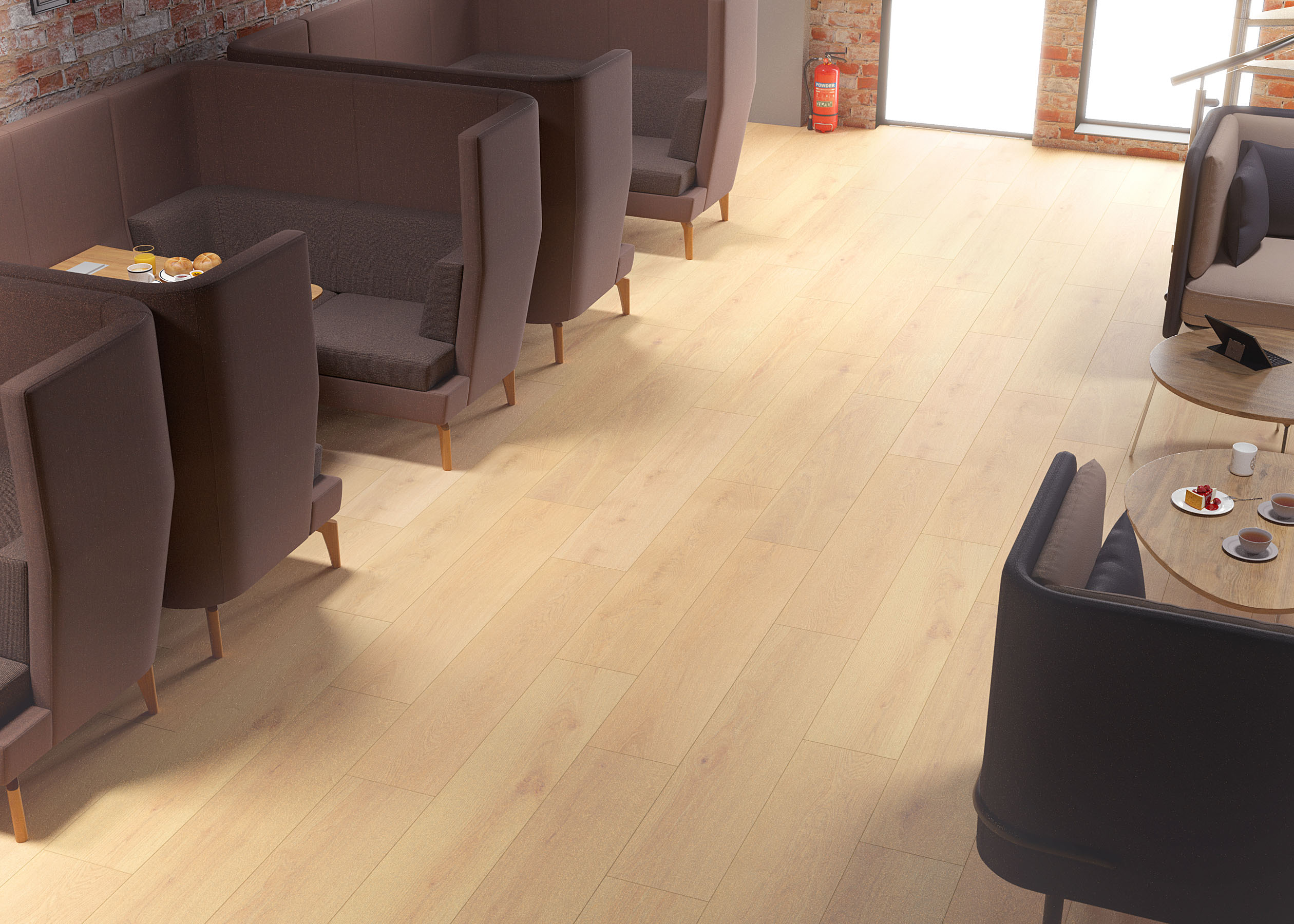 R172 Vigra Oak flooring in a café setting with grey furniture, adding warmth and elegance with its realistic woodgrain and wide plank design.