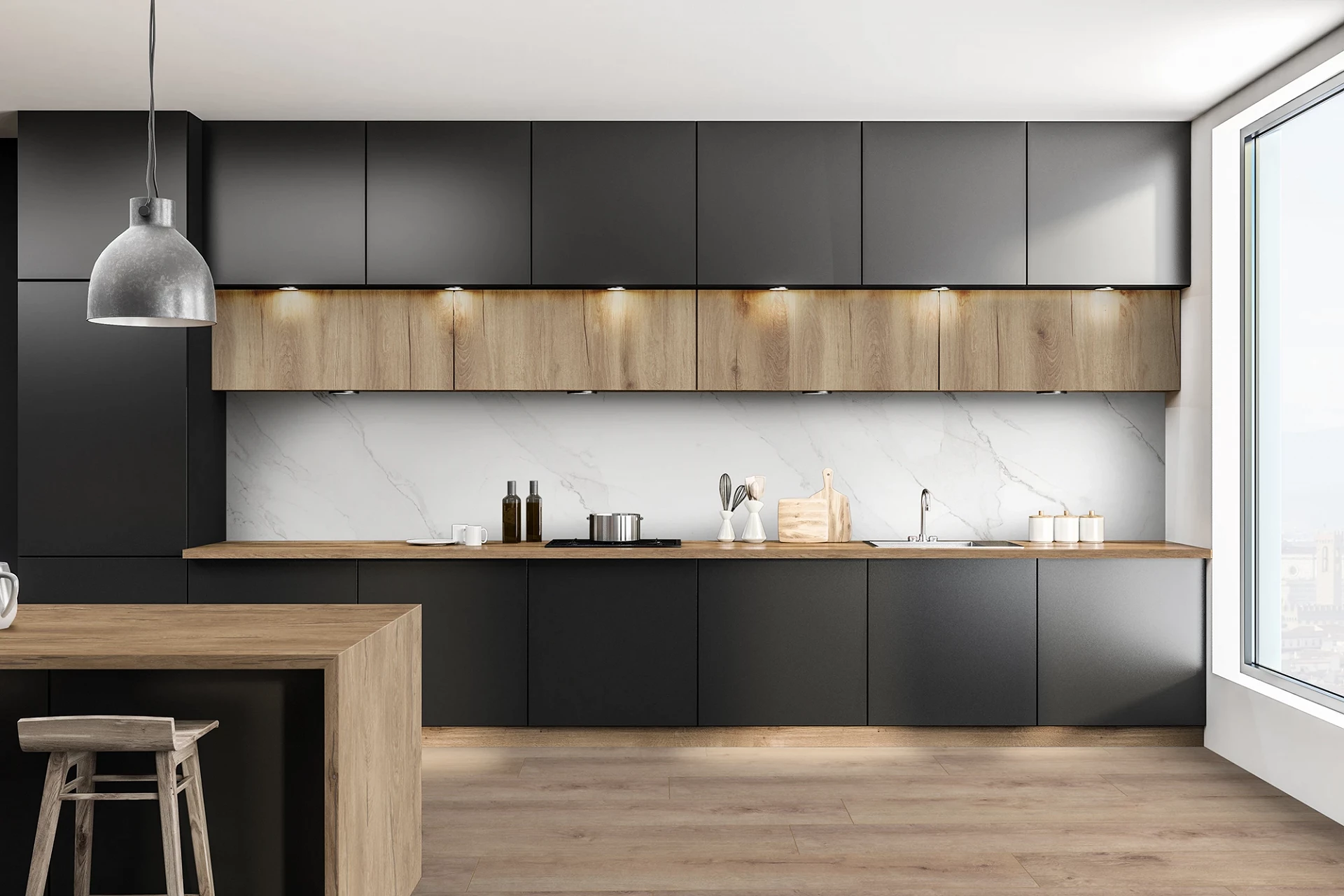 Calacatta Olympus K551 wall panel as kitchen backsplash – stylish contrast with black cabinets and wood accents