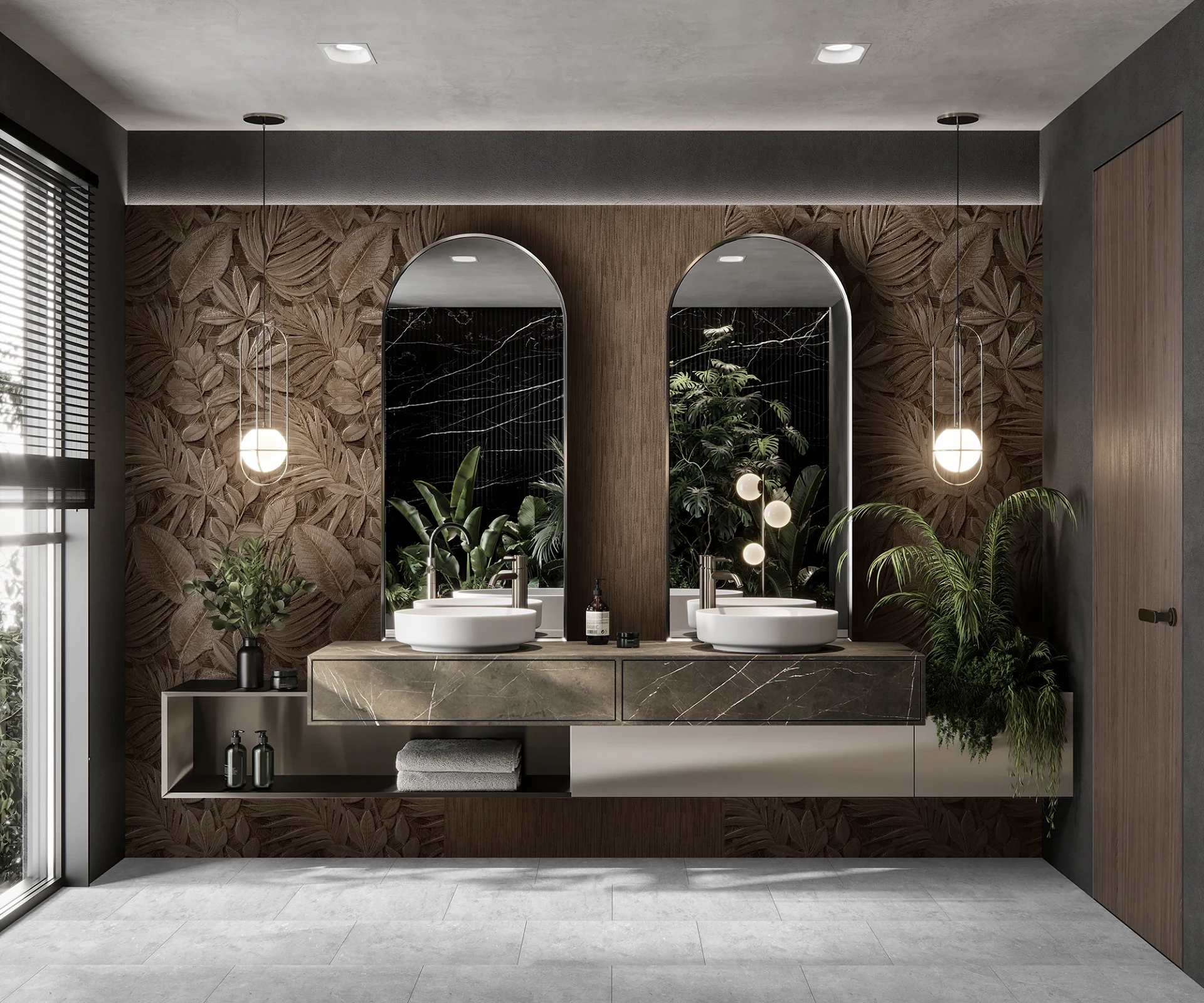 R164 Mink Plant wall panel in bathroom – dramatic contrast with dark walls and white sinks