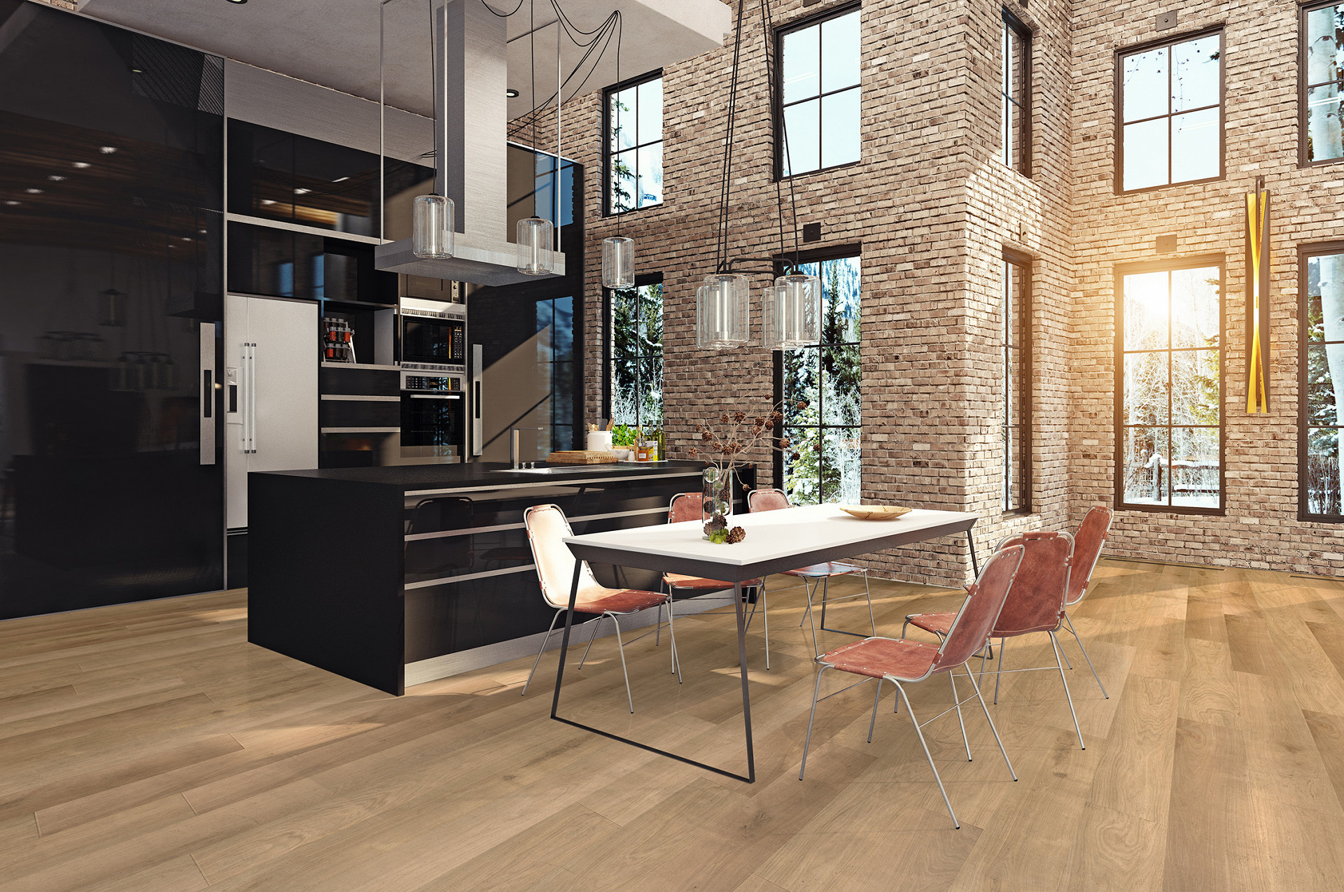 R073 Scandipure 5+1 SPC flooring in a modern industrial-style living room