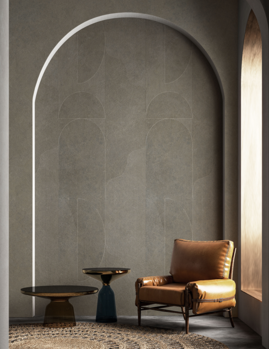Atacama Fields B wall panel from Rocko Tiles collection in modern hallway with leather chair – decorative SPC wall panel for corridors, living rooms, or kitchens
