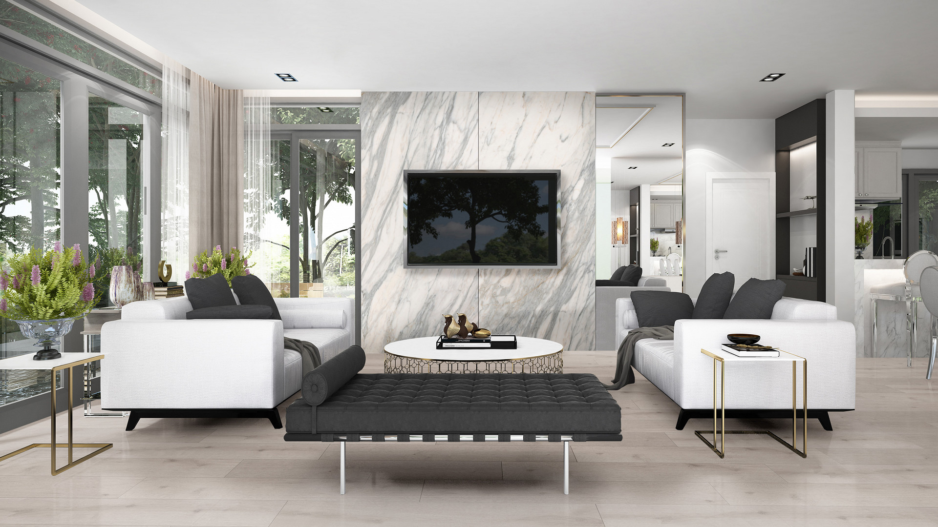 Venato Nature R102 PT SPC panel from Rocko Tiles – accent wall behind TV in modern living room