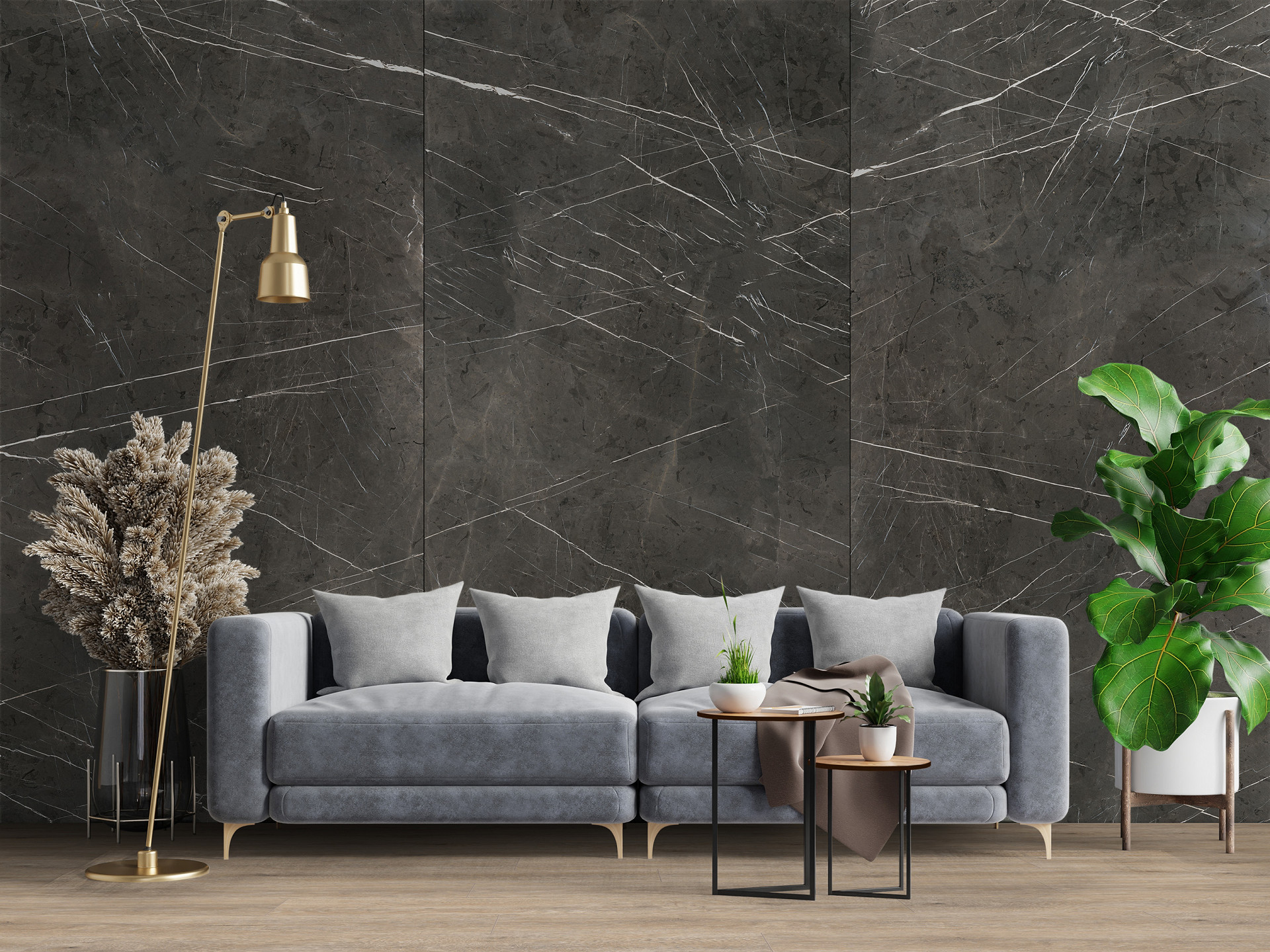 K469 Tortilla Cashmere Oak floor paired with dark wall panels – soft oak tones balancing bold interior accents