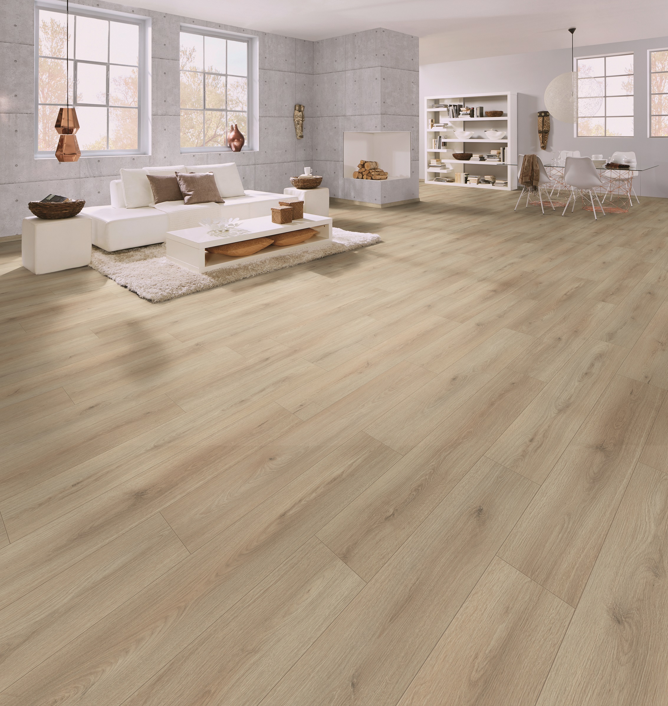 Ecru-toned laminate flooring enhancing a bright living space – K653 Ecru Cantal Oak balancing light décor and neutral walls