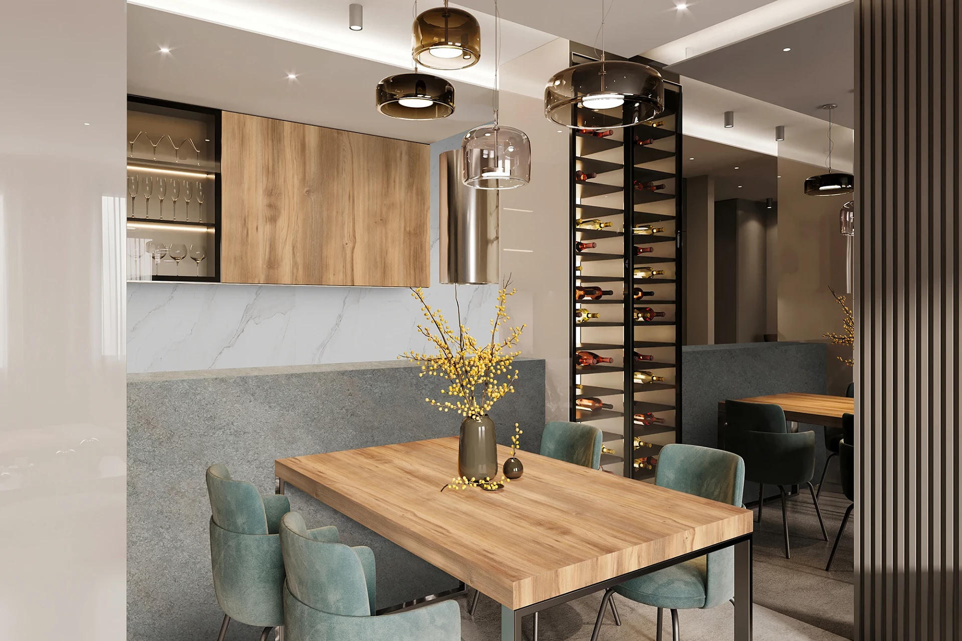 Calacatta Olympus K551 SPC wall panel in dining area – refined marble-look accent wall