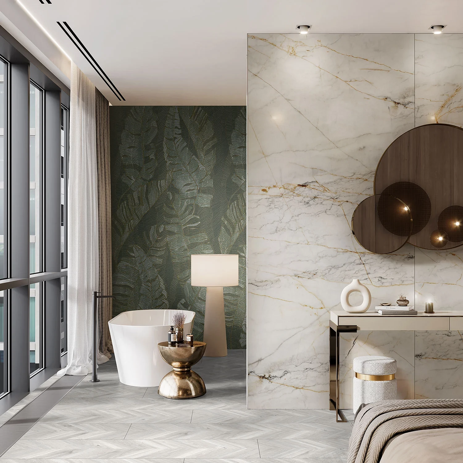 Silver Sage and Marble Gold wall panels from Rocko Tiles – elegant bathroom combination with botanical and marble effects