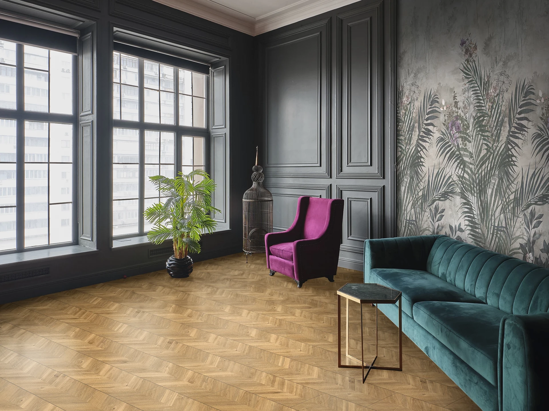 R161 A Golden Cane wall panel in stylish hallway – contrasting design with dark walls and colorful furniture