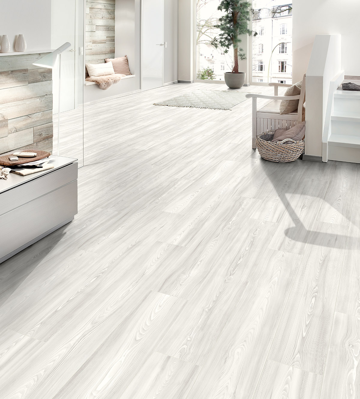 K475 Virgin Scandi Larch' flooring adding a minimalist, modern Scandinavian feel to a bright room.