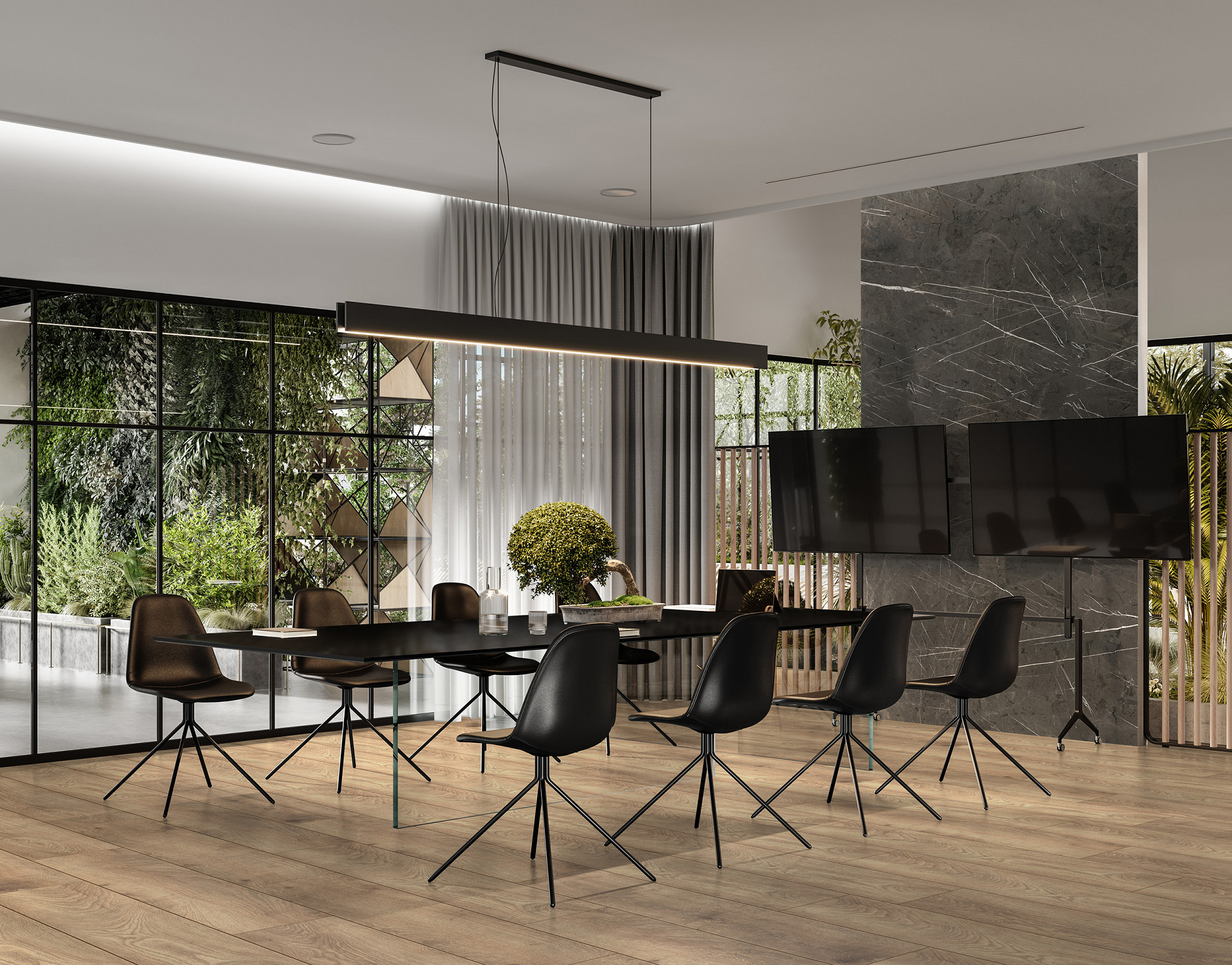 Gray Pietra Marble wall panel in office – modern accent with black furnishings