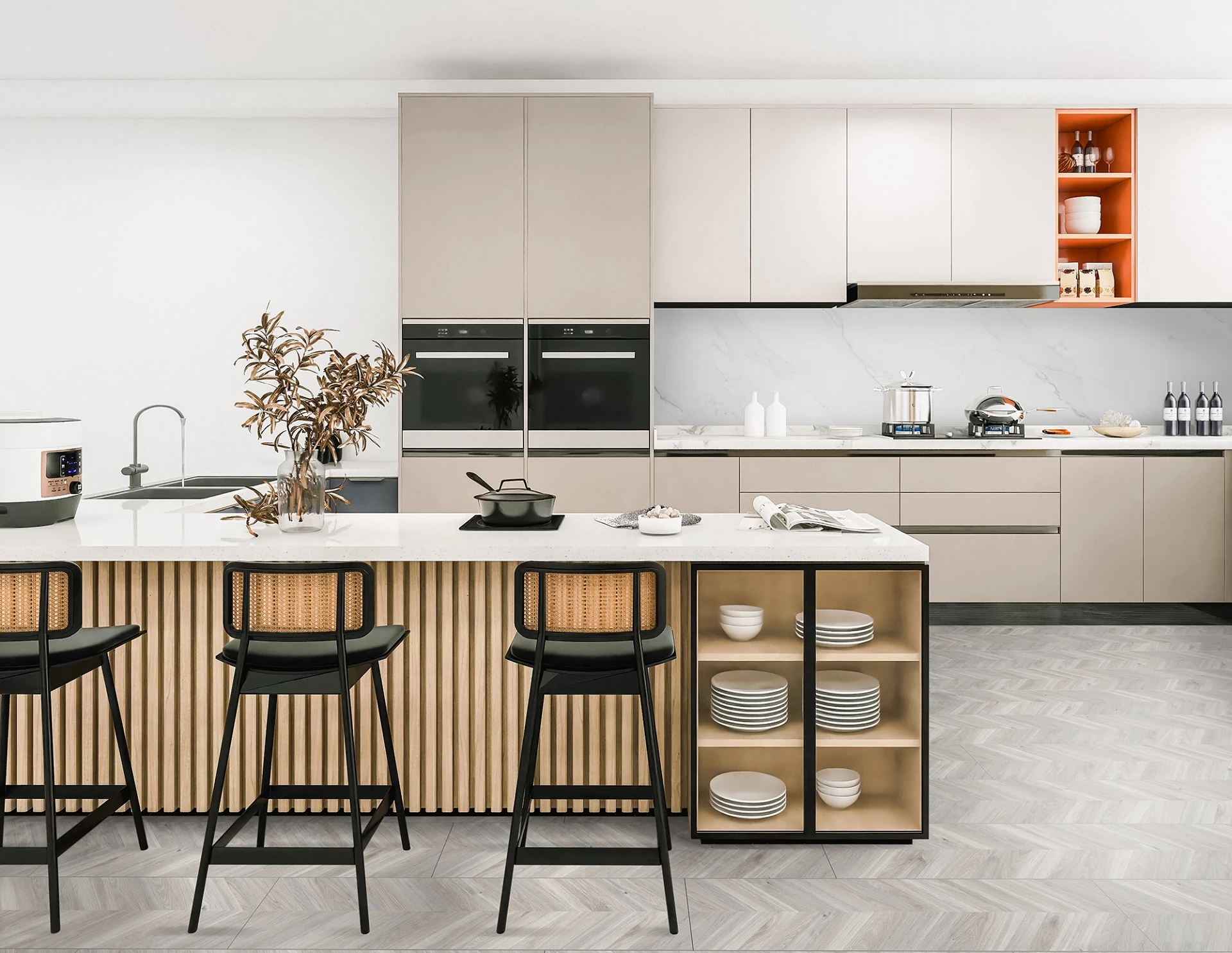 Calacatta Olympus K551 SPC wall panel in kitchen – combined with light beige tones for a soft, elegant look