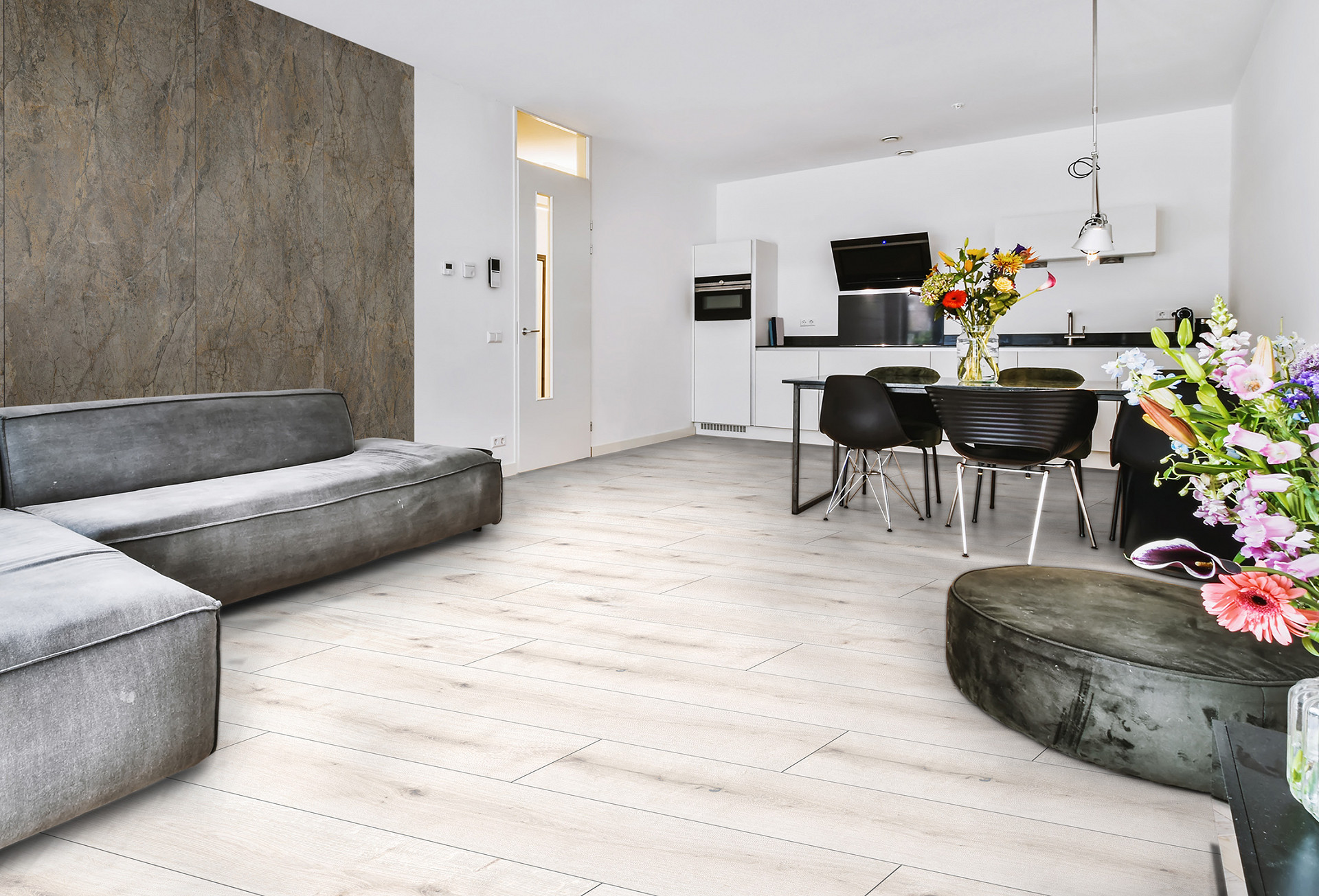 Modern living room with Rocko Wide SPC flooring White Poppy R129 – bright and spacious design