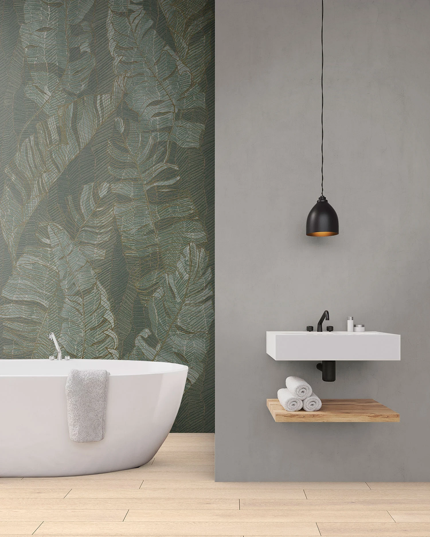 Detail of Silver Sage wall panels in bathroom – refined combination of green and marble surfaces