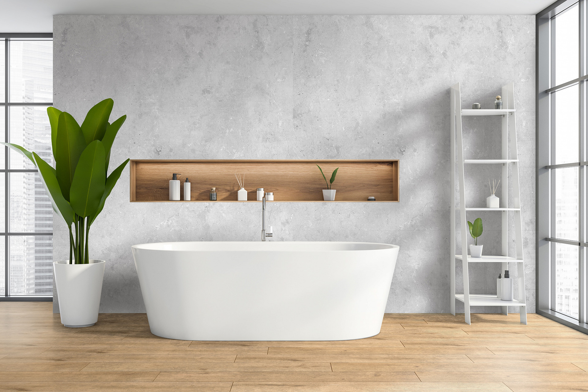 The bathroom is adorned with the elegant R077 Barista model, which creates a luxurious and tranquil space with its sophisticated design.