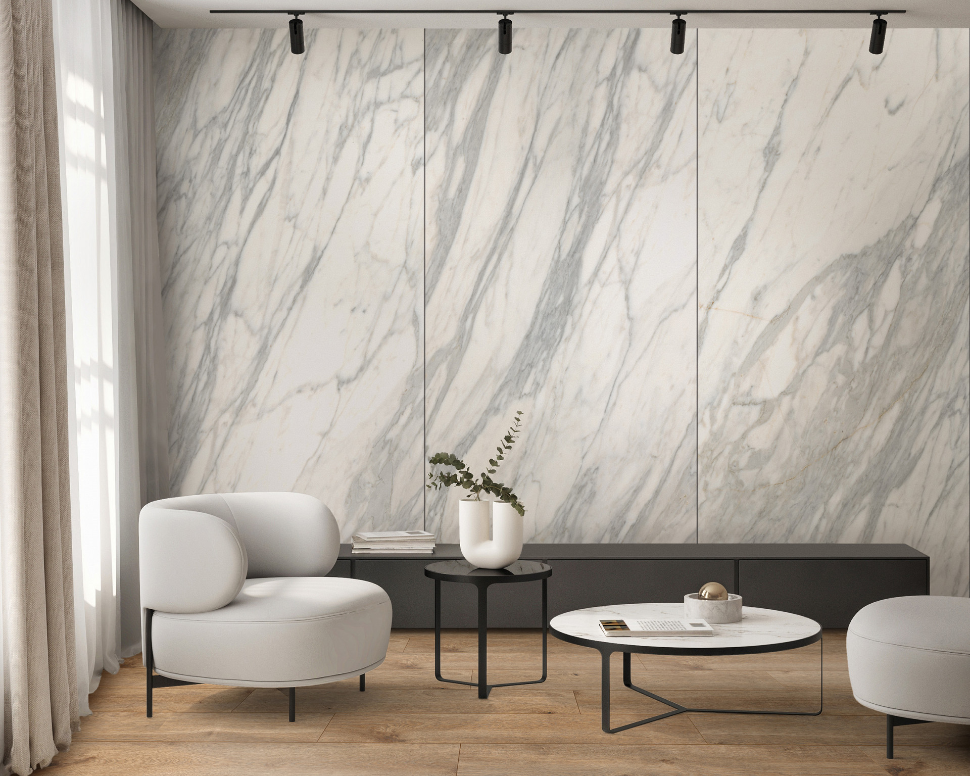 Venato Nature R102 PT panel in living room – elegant marble wall with white furniture and wood flooring