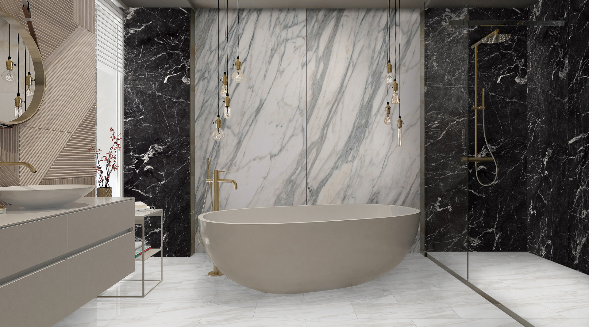 Venato Nature R102 PT and Marquina R106 SPC panels – stylish black-and-white marble combo in bathroom