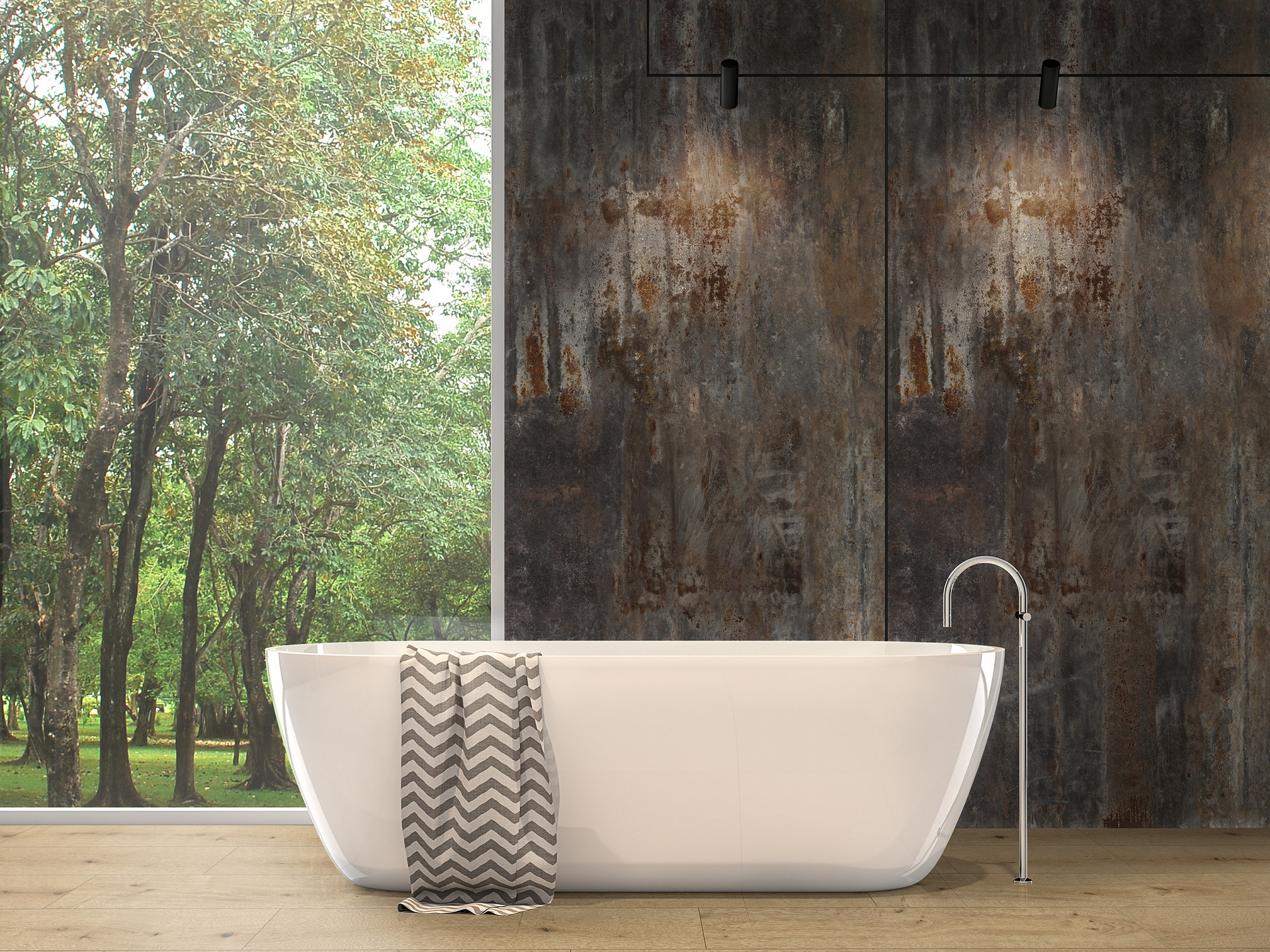 Bathroom with R120 Native Steel panel and panoramic window – stylish balance of raw and natural elements