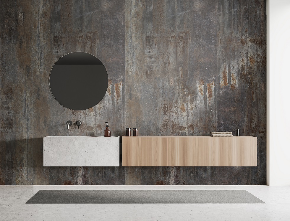 R120 Native Steel wall panel from Rocko Tiles collection – installed in modern bathroom with industrial feel