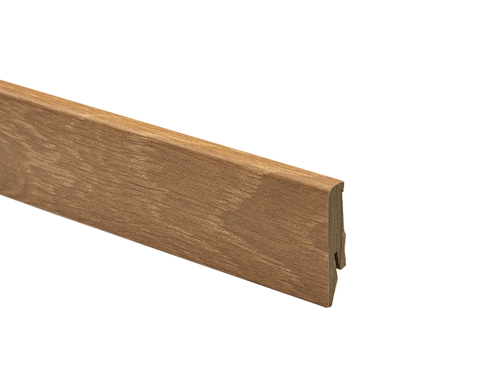 Close-up of R002 MDF Skirting Board K58C-Orca, showcasing its textured surface and rich color.