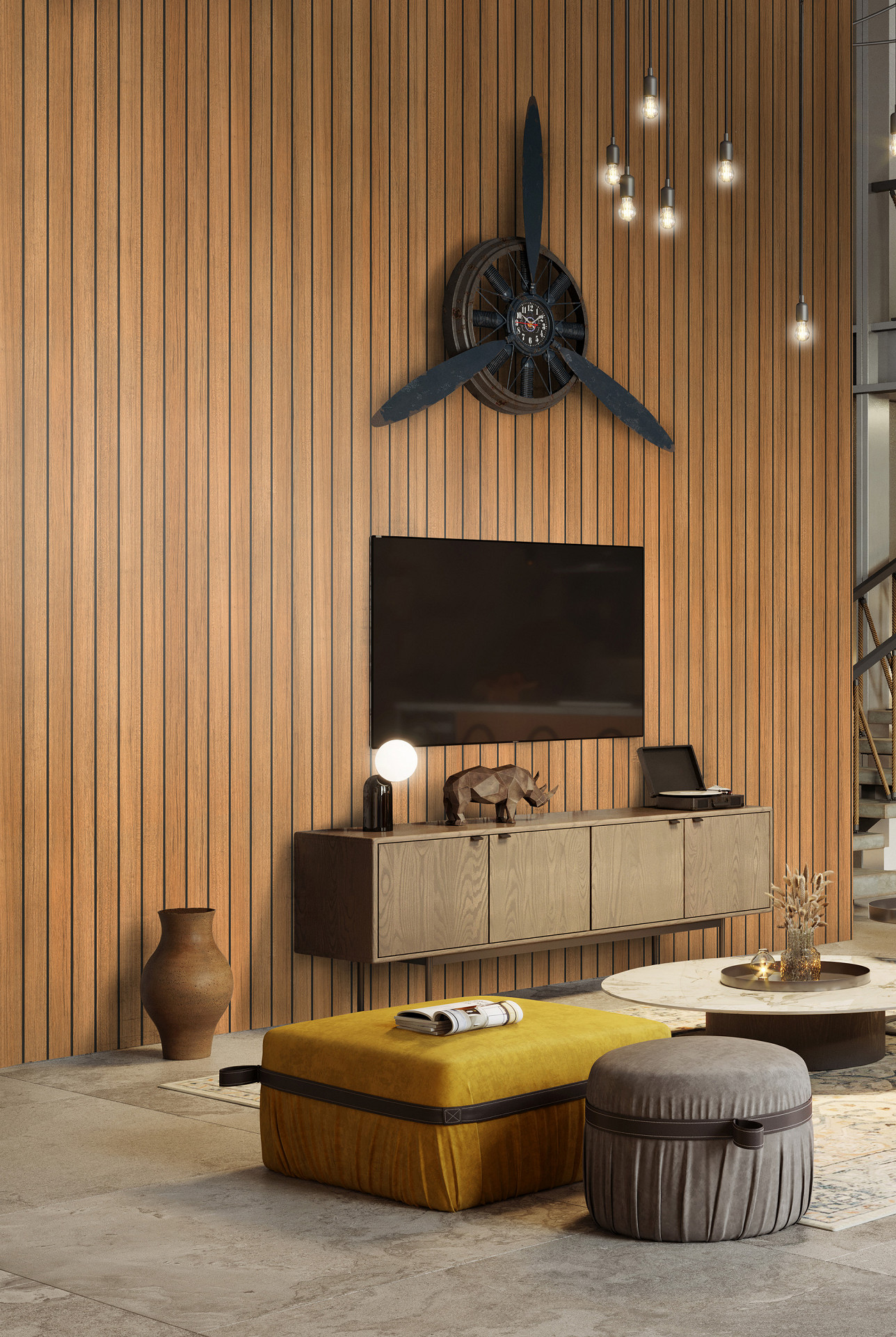 R122 Yacht Wood wall panel Rocko Tiles collection in living room – decorative TV wall with shelving and clock