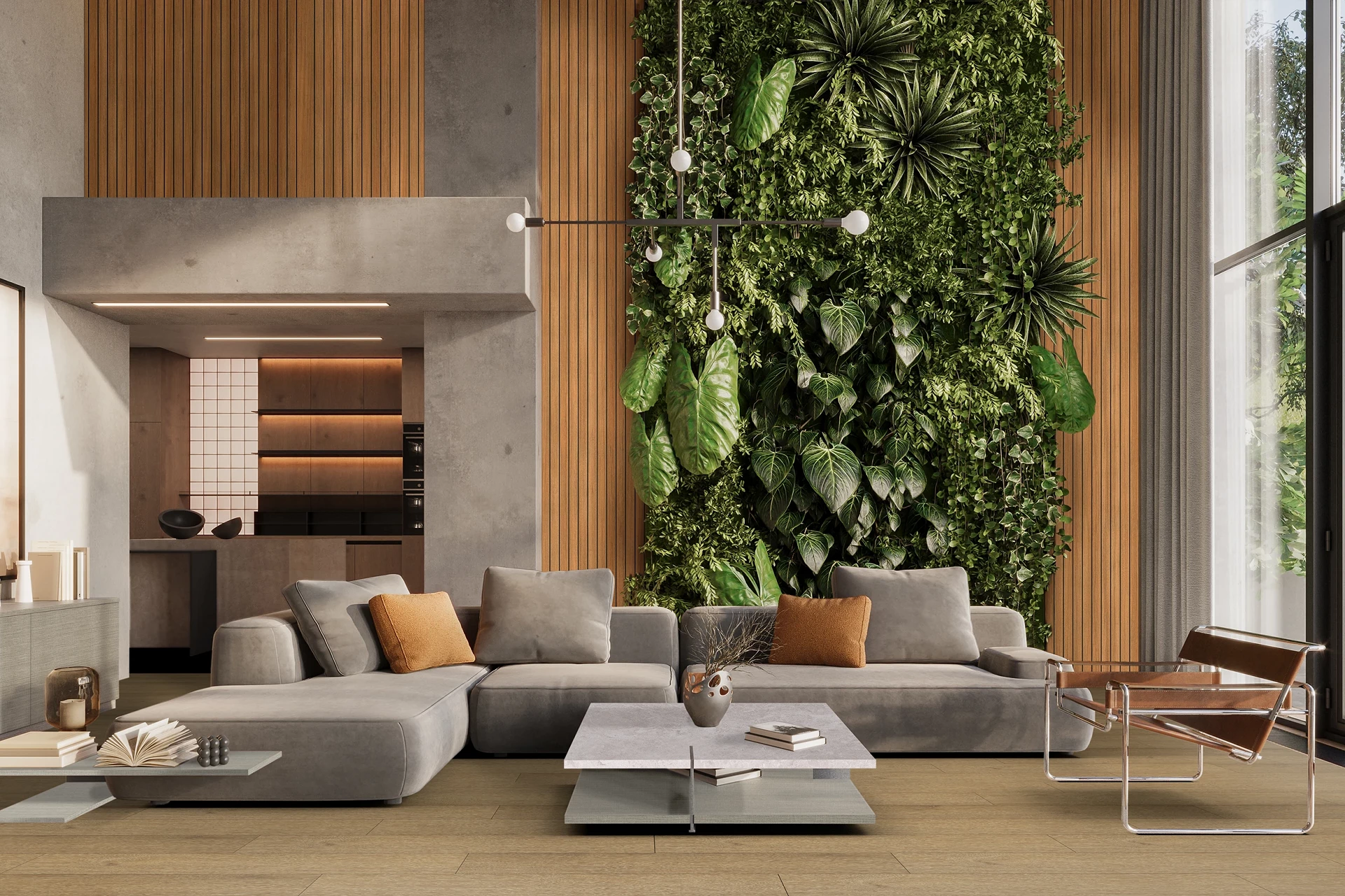 Yacht Wood SPC panel Rocko Tiles collection in living room with vertical green wall – natural and striking interior contrast