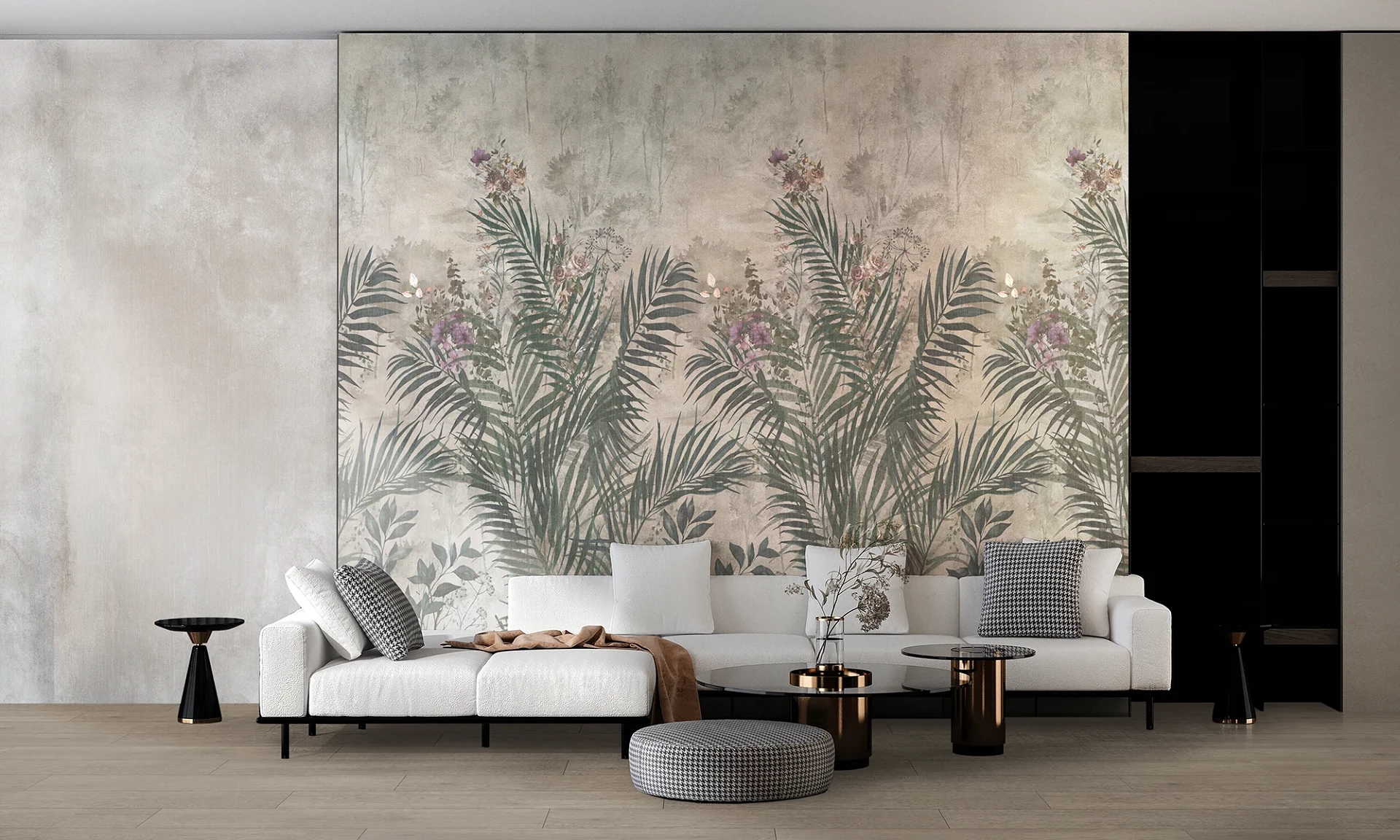 R161 A and B Golden Cane wall panels as living room feature wall behind sofa – botanical interior accent