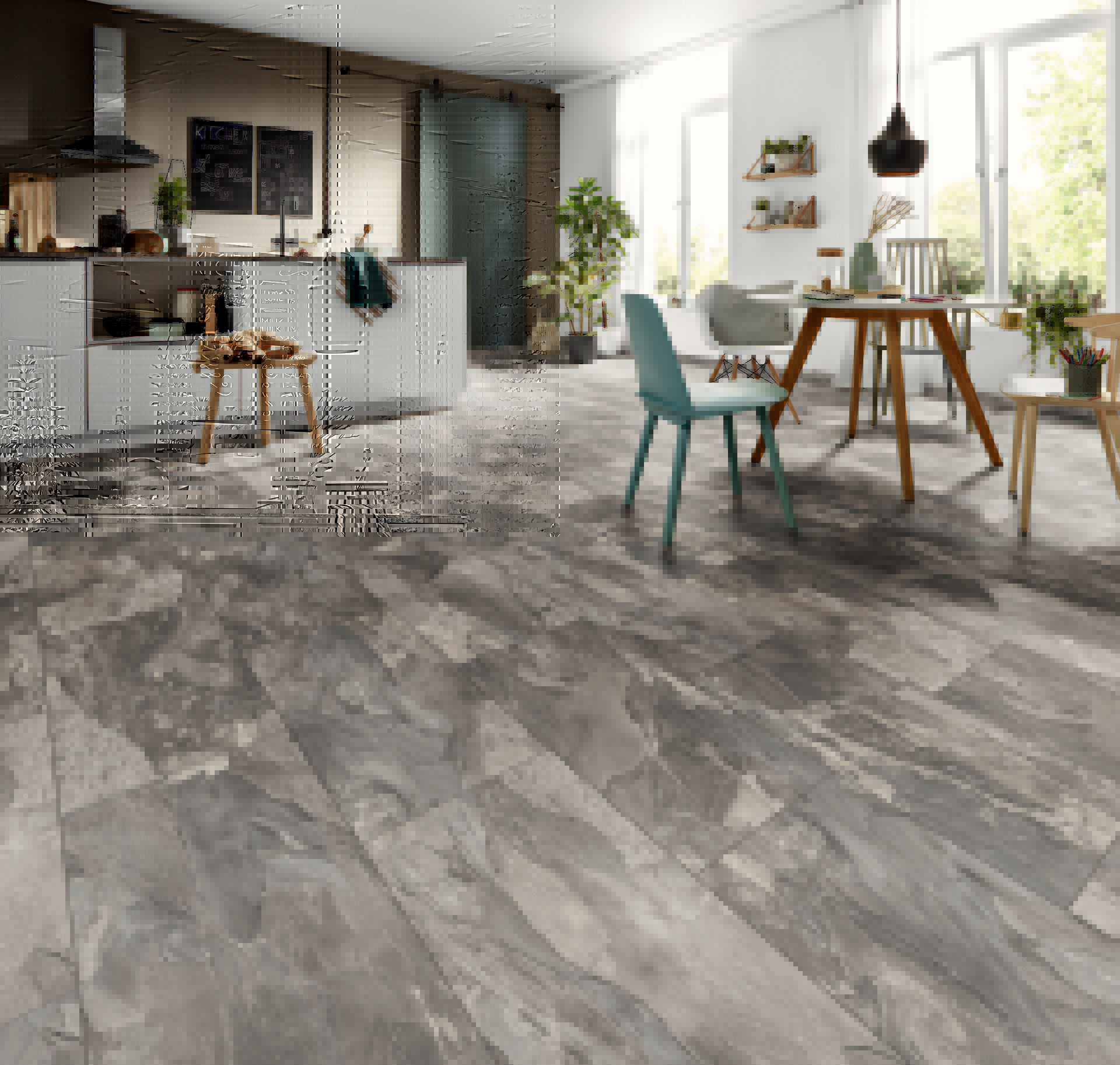  Spacious Scandinavian-style kitchen design with K387 Silverado Slate laminate flooring with antibacterial coating.