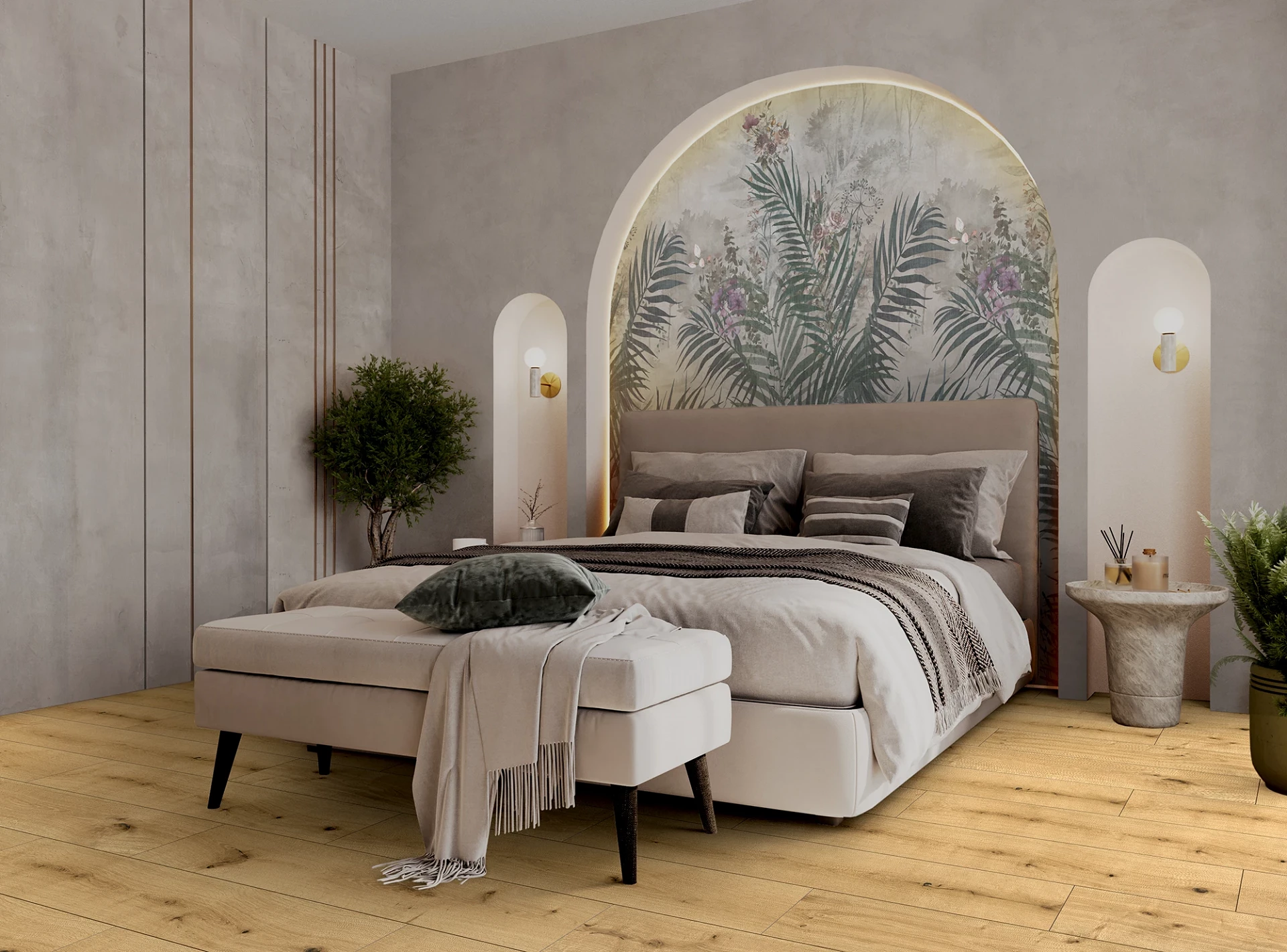 Golden Cane R161 A SPC wall panel used as bedroom headboard accent – tropical design in soft tones