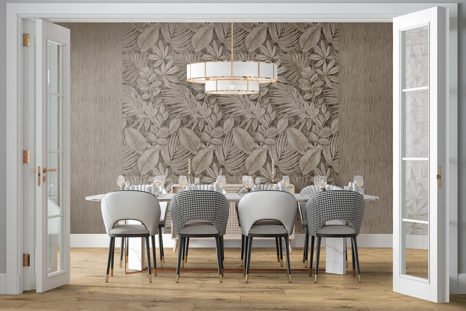 R164 Mink Plant decorative wall panel from Rocko Tiles – exotic accent wall in contemporary dining room
