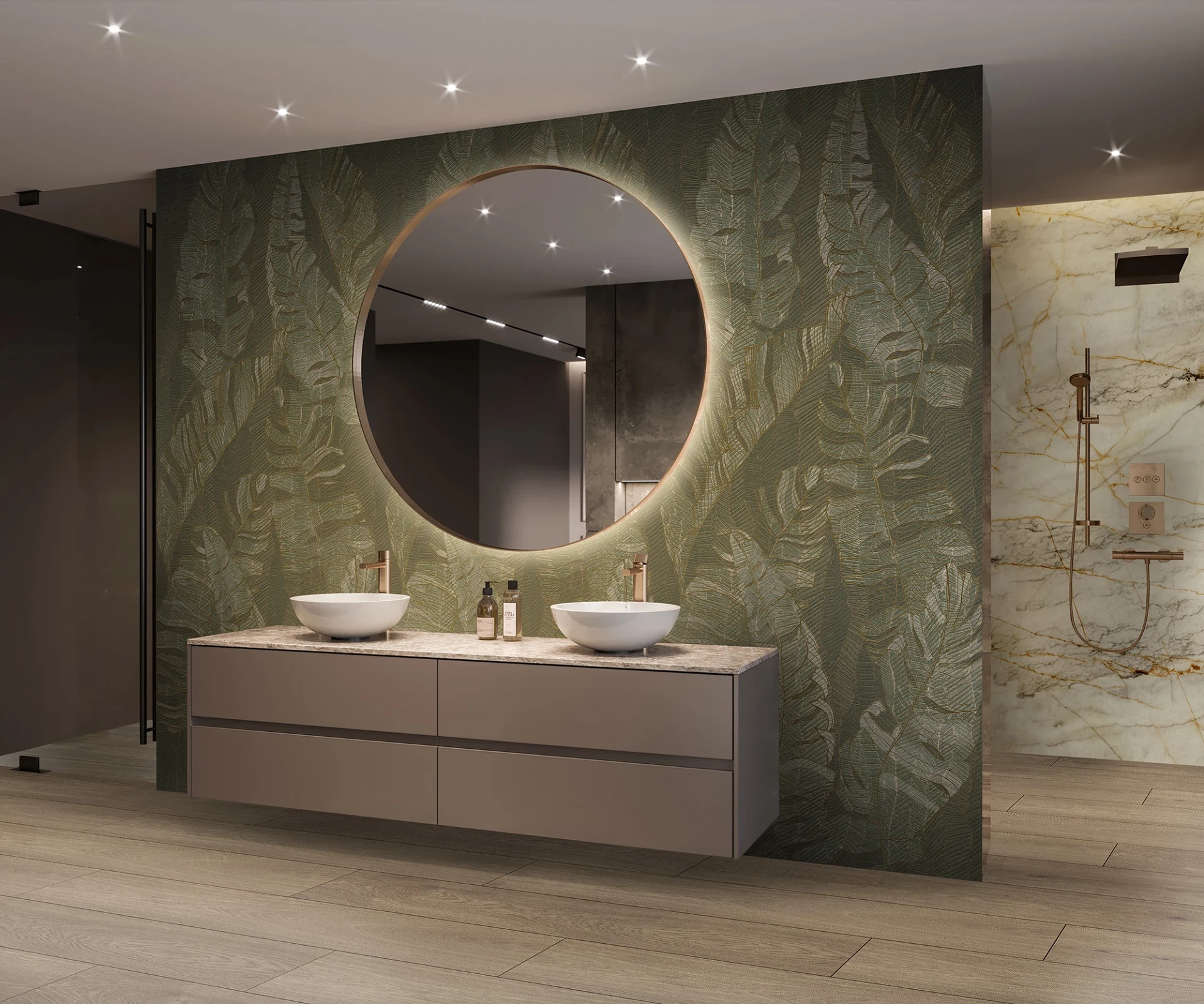 Silver Sage wall panel in bathroom with large mirror and sinks – soft botanical design from Rocko Tiles collection