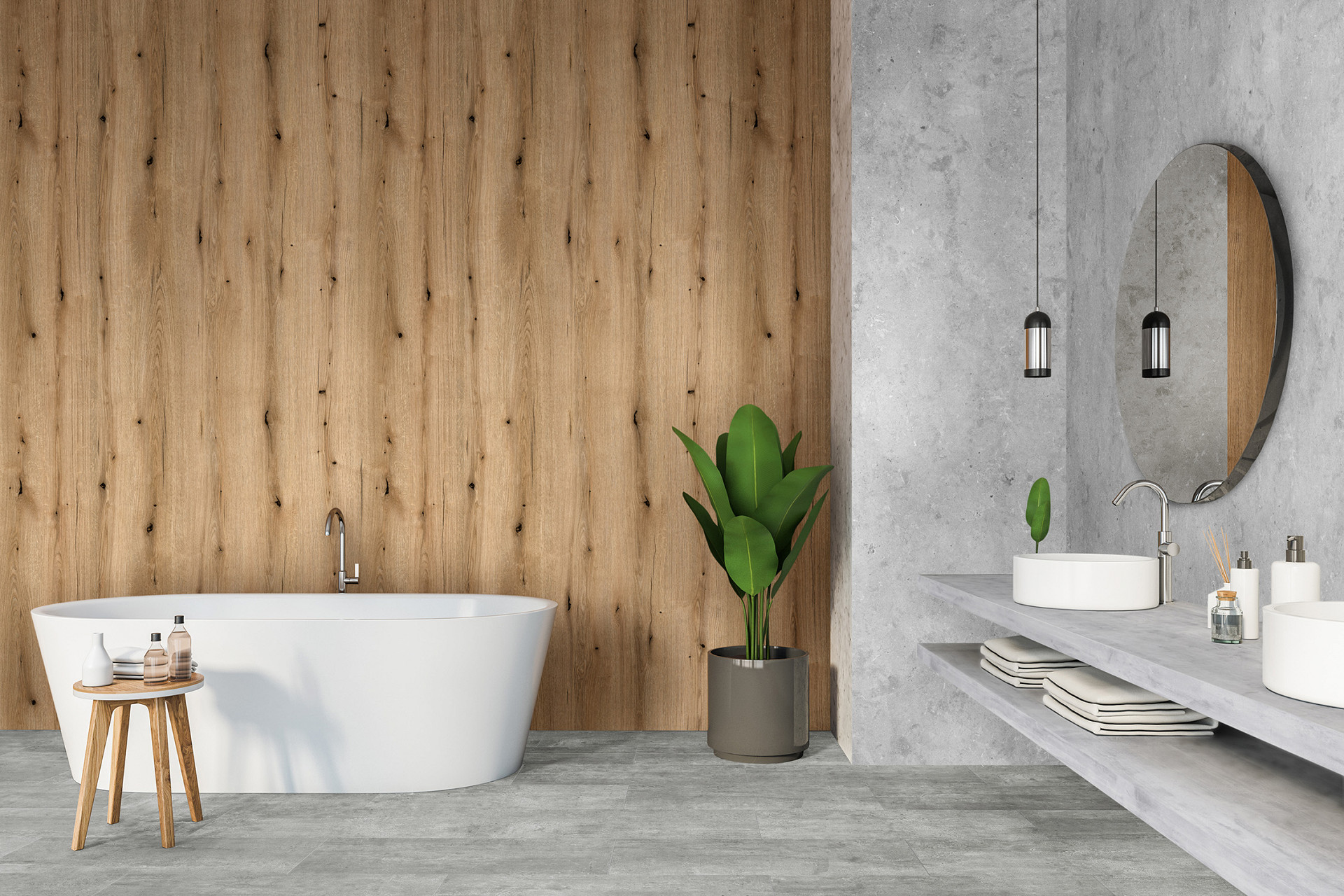 Coast Evoke Oak and Golden Cane B panels in bathroom – warm wood and botanical combination behind bathtub