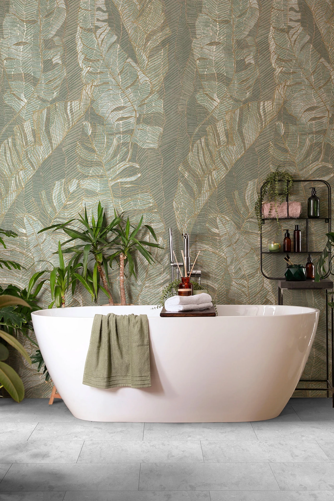 Silver Sage SPC wall panel from Rocko Tiles – exotic and calming bathroom scene with freestanding bathtub