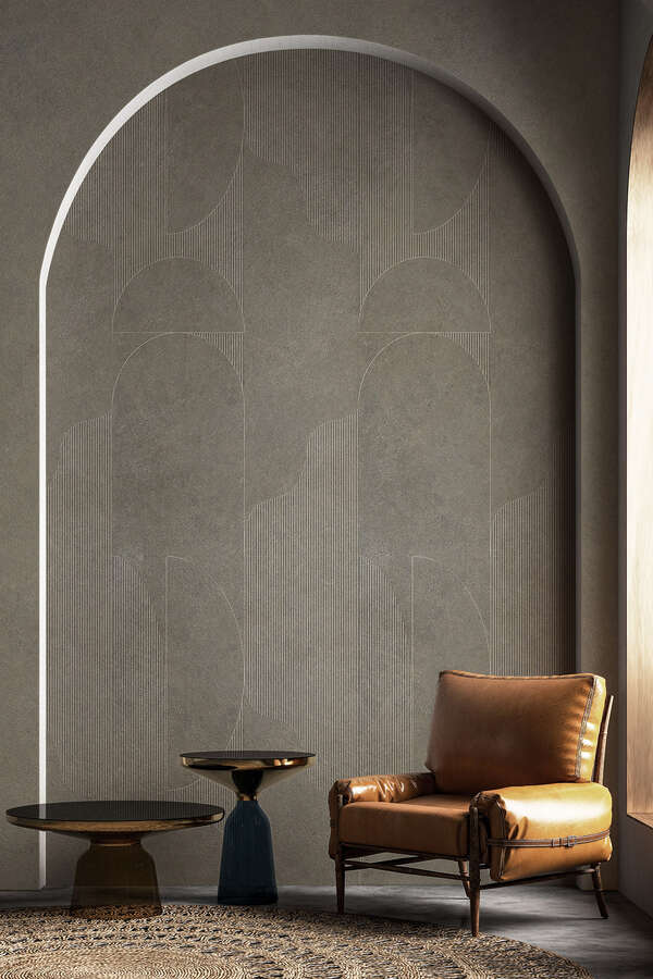 Atacama Fields A SPC wall panel Rocko Tiles collection in modern interior with leather chair – durable wall panel for living rooms or hallways