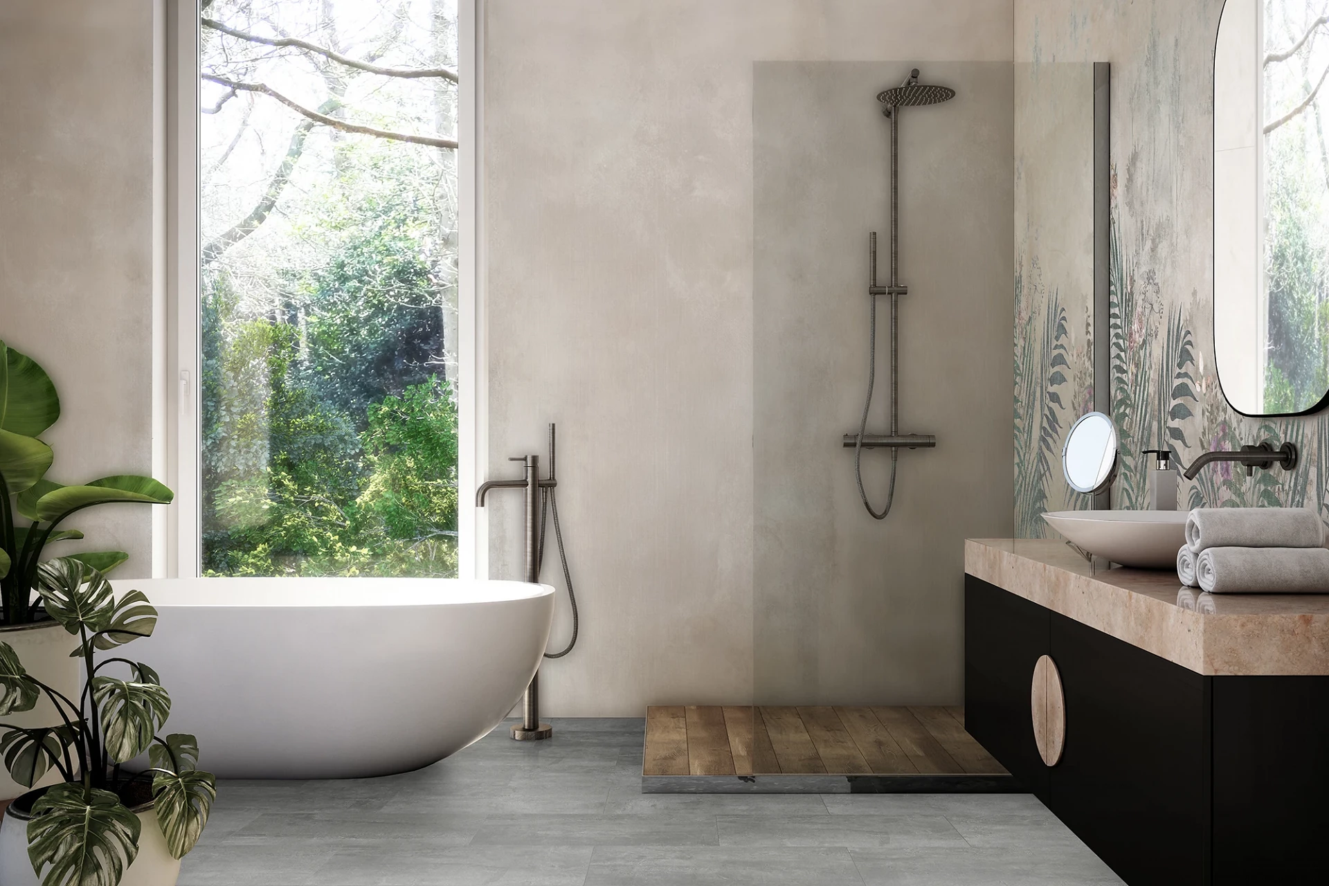 Golden Cane R161 A and B wall panels in elegant bathroom – tropical accent behind the sink