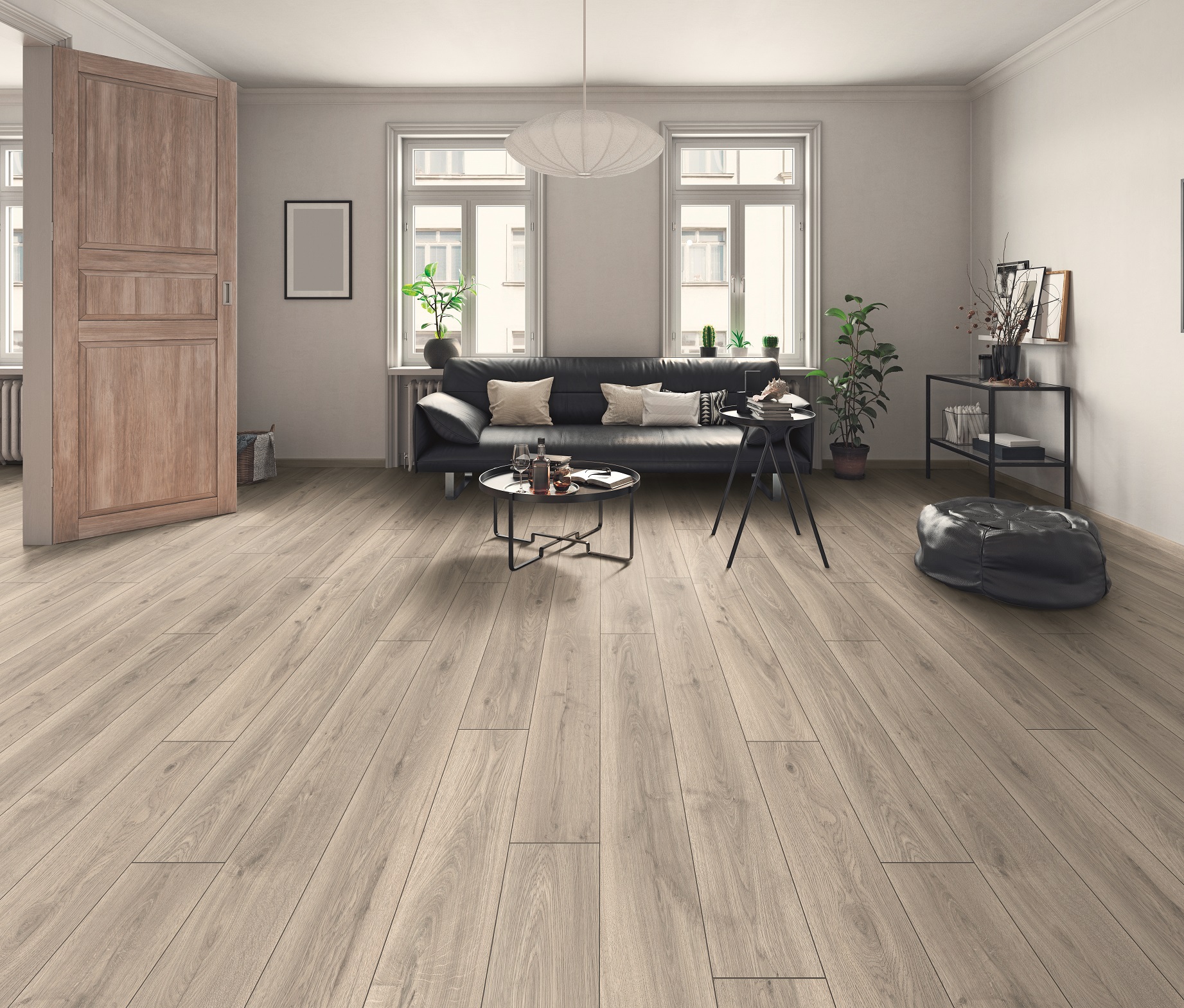 Contemporary interior with Silverdale Oak laminate – grey oak flooring adding depth and highlighting bold decor accents