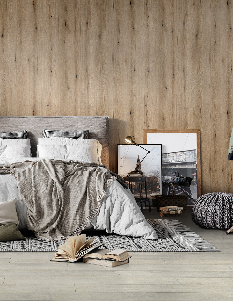 Coast Evoke Oak wall panel from Rocko Tiles collection used as warm accent behind bed in modern bedroom
