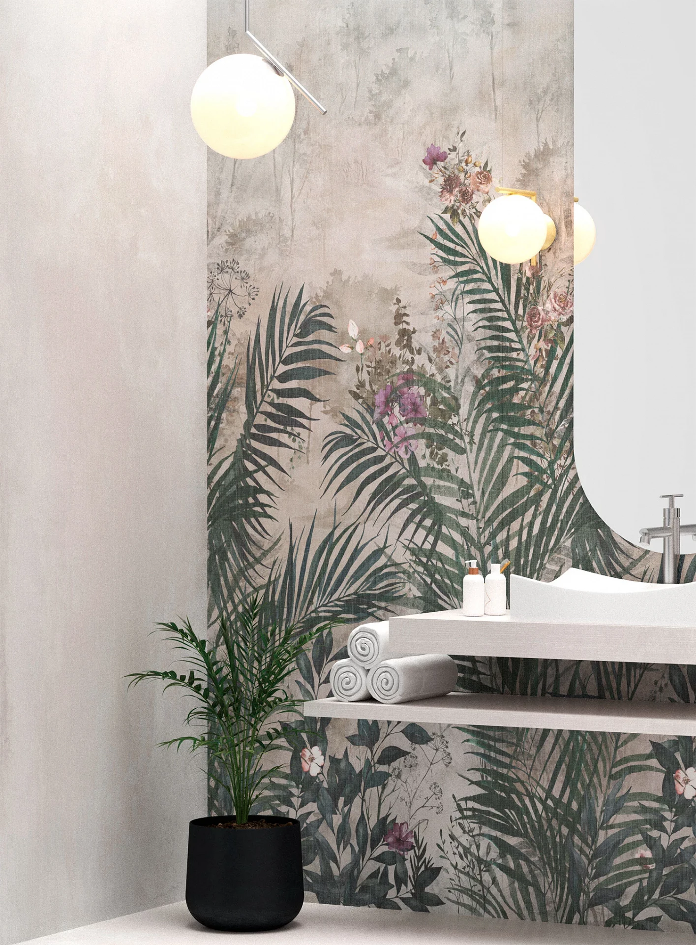 R161 A Golden Cane SPC wall panel in bathroom – waterproof decorative surface with subtle tropical leaf design