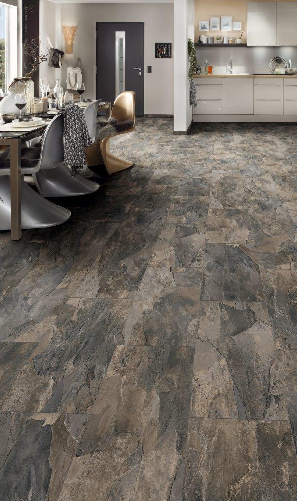 K388 Pewter Slate' flooring adding elegance to a room with light-colored furniture.