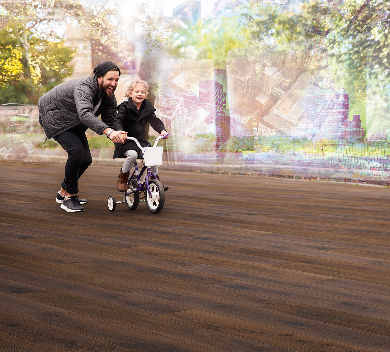 K489 Bourbon Hills Oak flooring with father and child riding a bike – demonstrating high-performance AC5 durability
