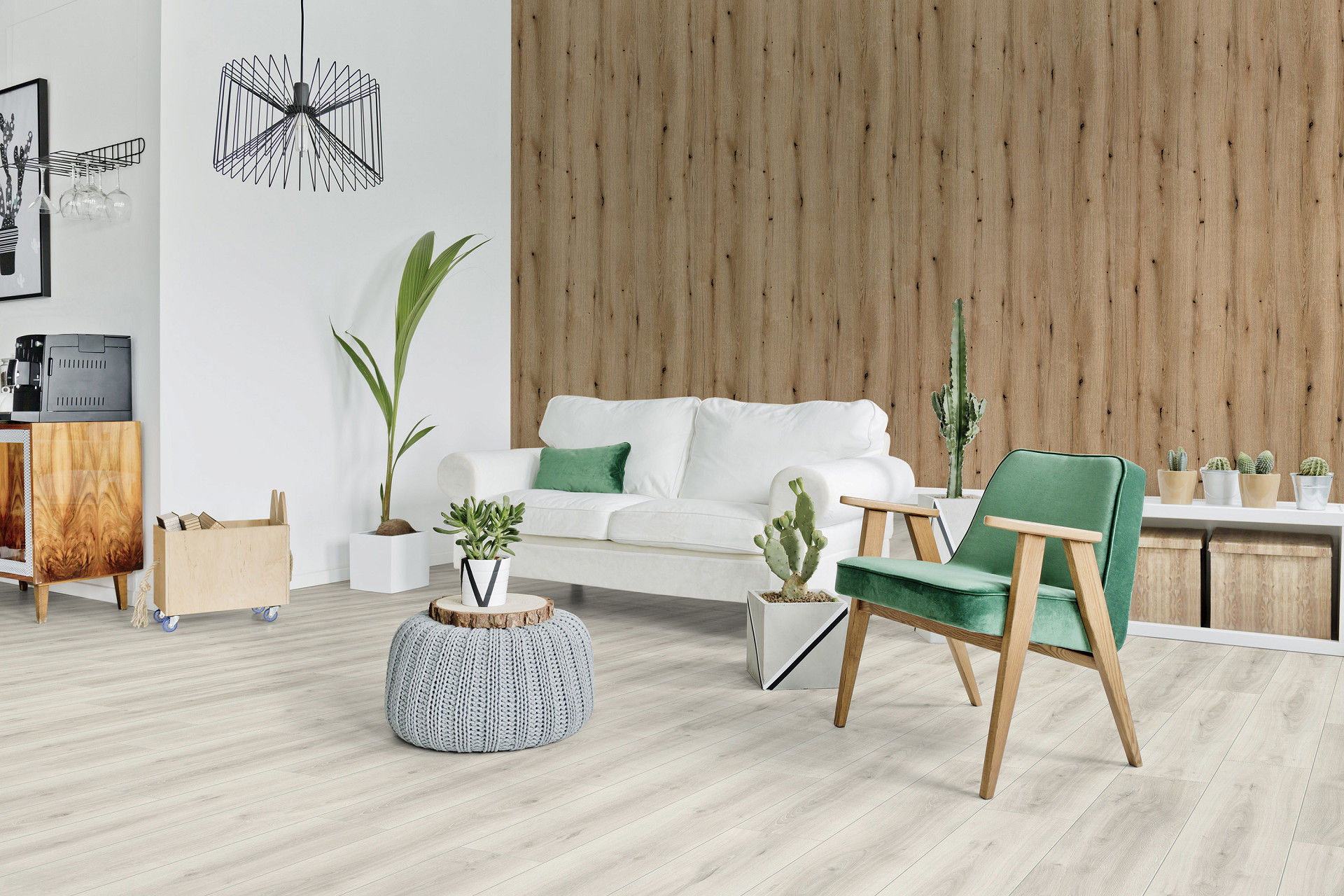 Coast Evoke Oak panel from Rocko Tiles collection as feature wall in living room – combined with white painted walls and green accents